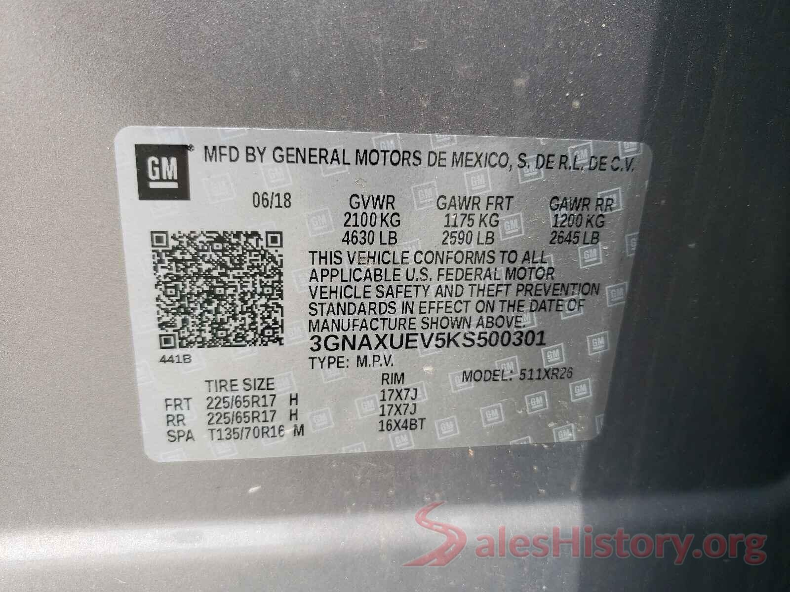 3GNAXUEV5KS500301 2019 CHEVROLET EQUINOX