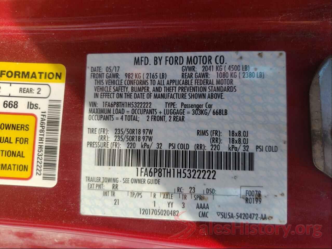 1FA6P8TH1H5322222 2017 FORD MUSTANG