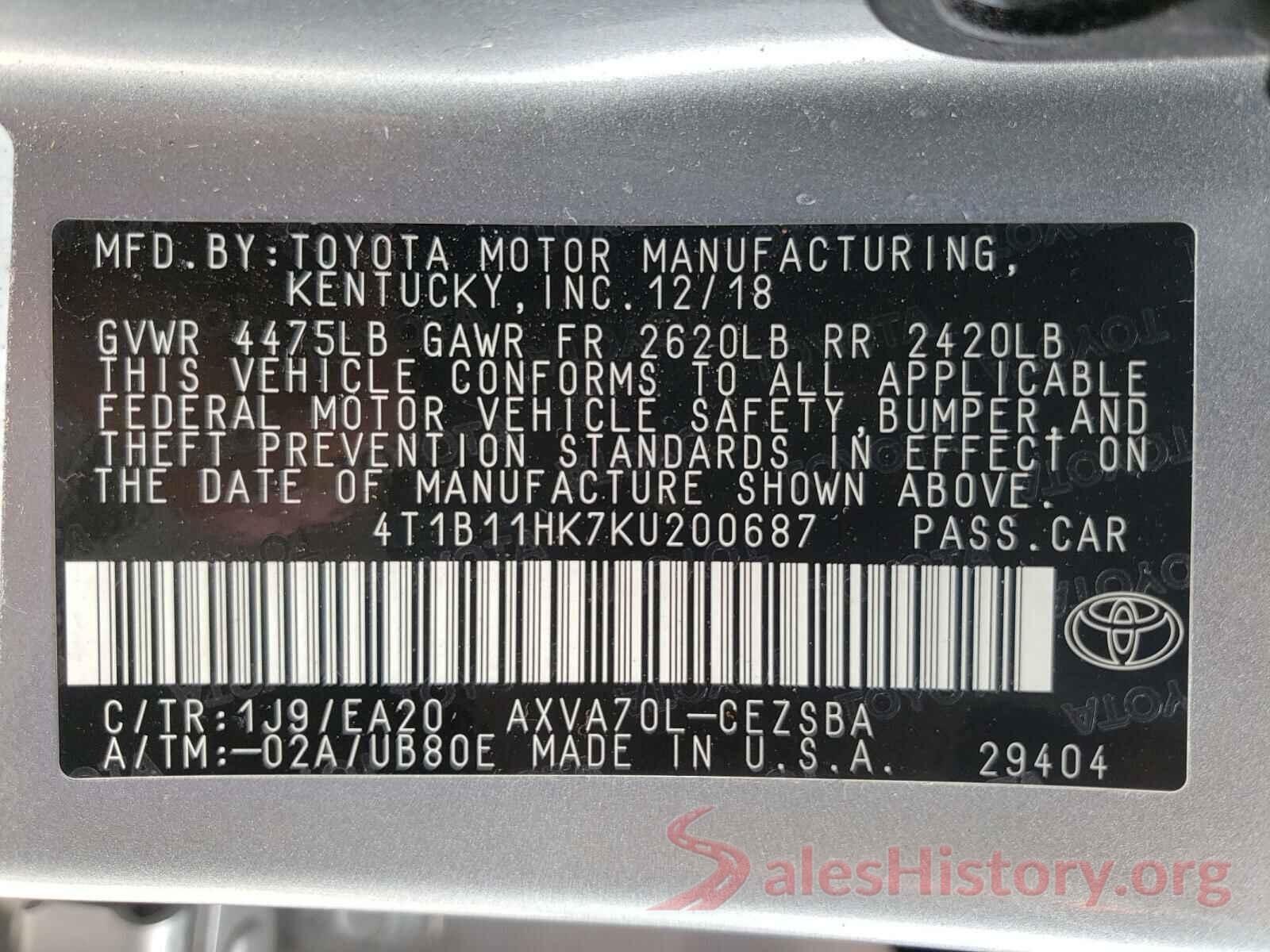 4T1B11HK7KU200687 2019 TOYOTA CAMRY