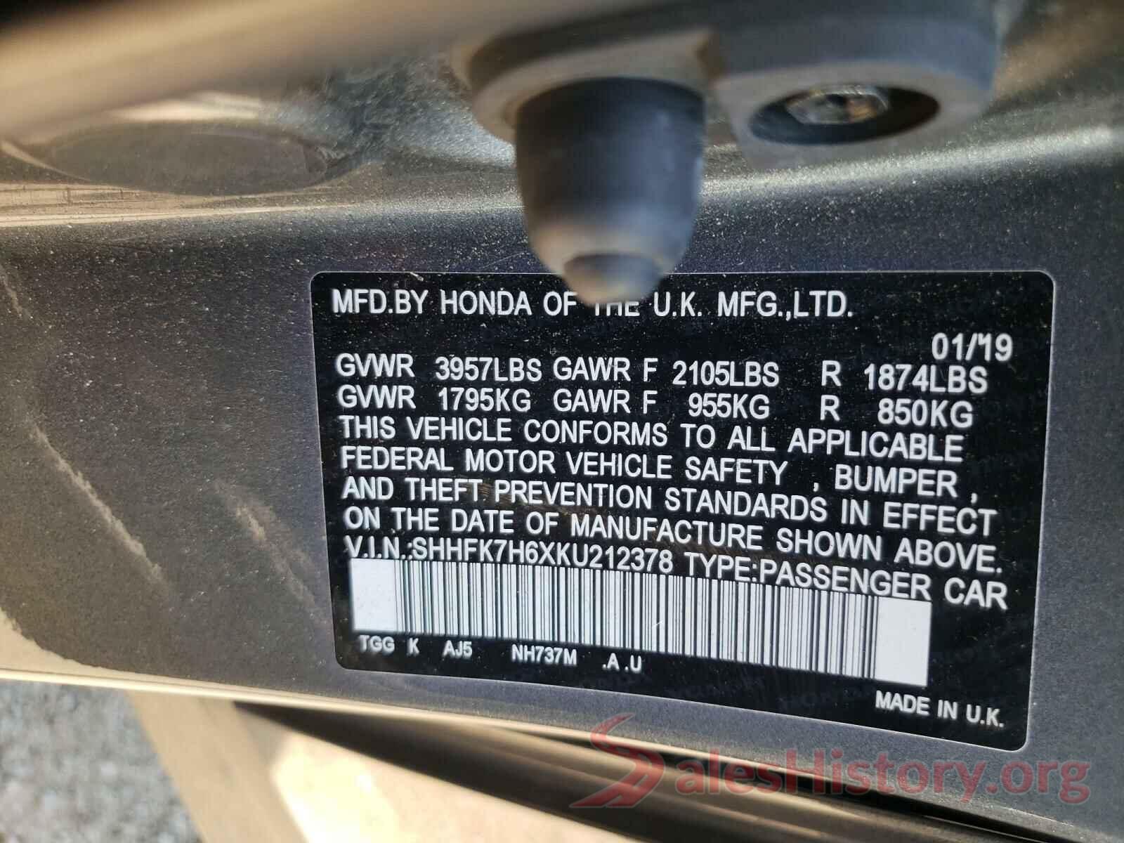 SHHFK7H6XKU212378 2019 HONDA CIVIC