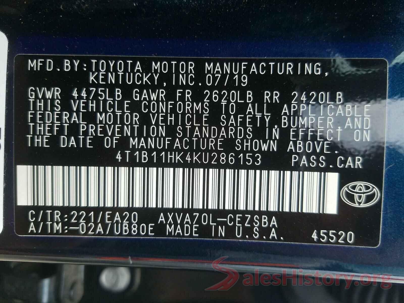 4T1B11HK4KU286153 2019 TOYOTA CAMRY