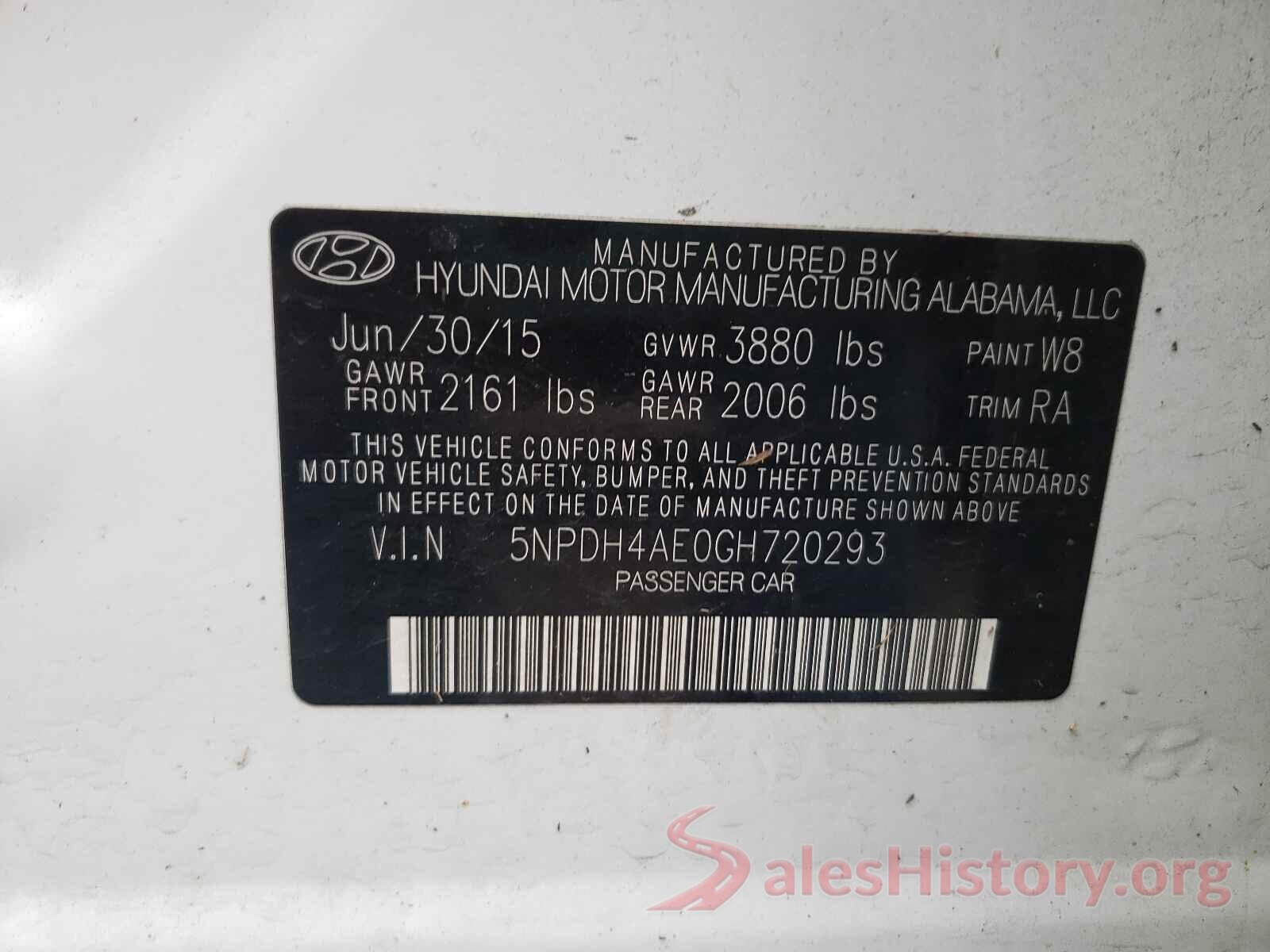 5NPDH4AE0GH720293 2016 HYUNDAI ELANTRA