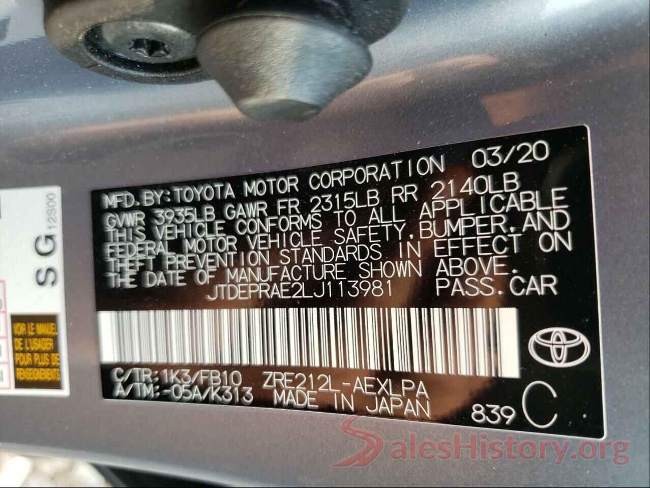 JTDEPRAE2LJ113981 2020 TOYOTA COROLLA