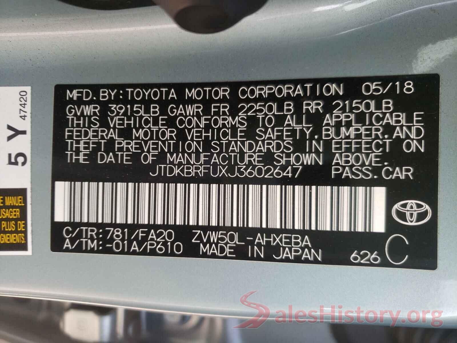 JTDKBRFUXJ3602647 2018 TOYOTA PRIUS