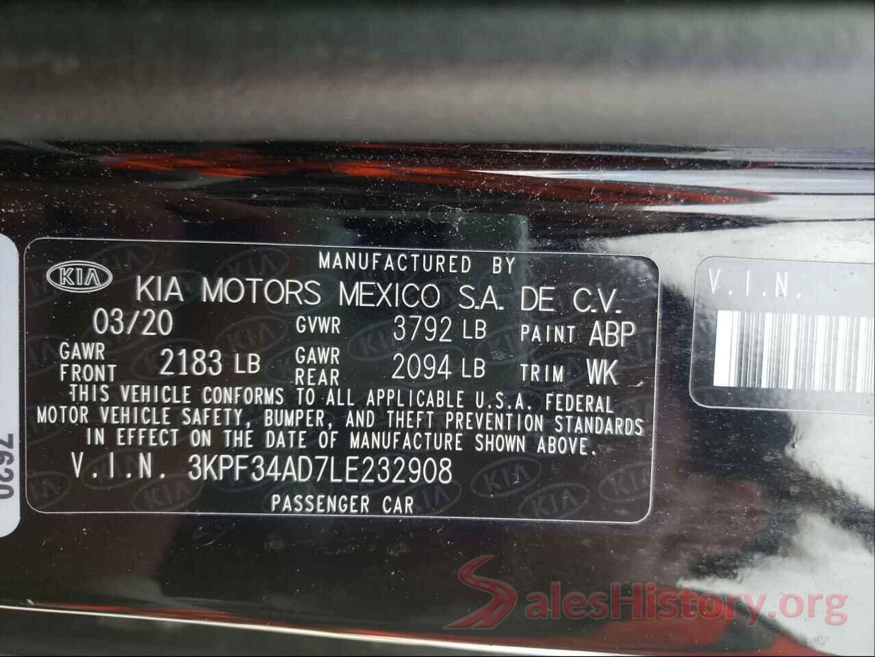 3KPF34AD7LE232908 2020 KIA FORTE