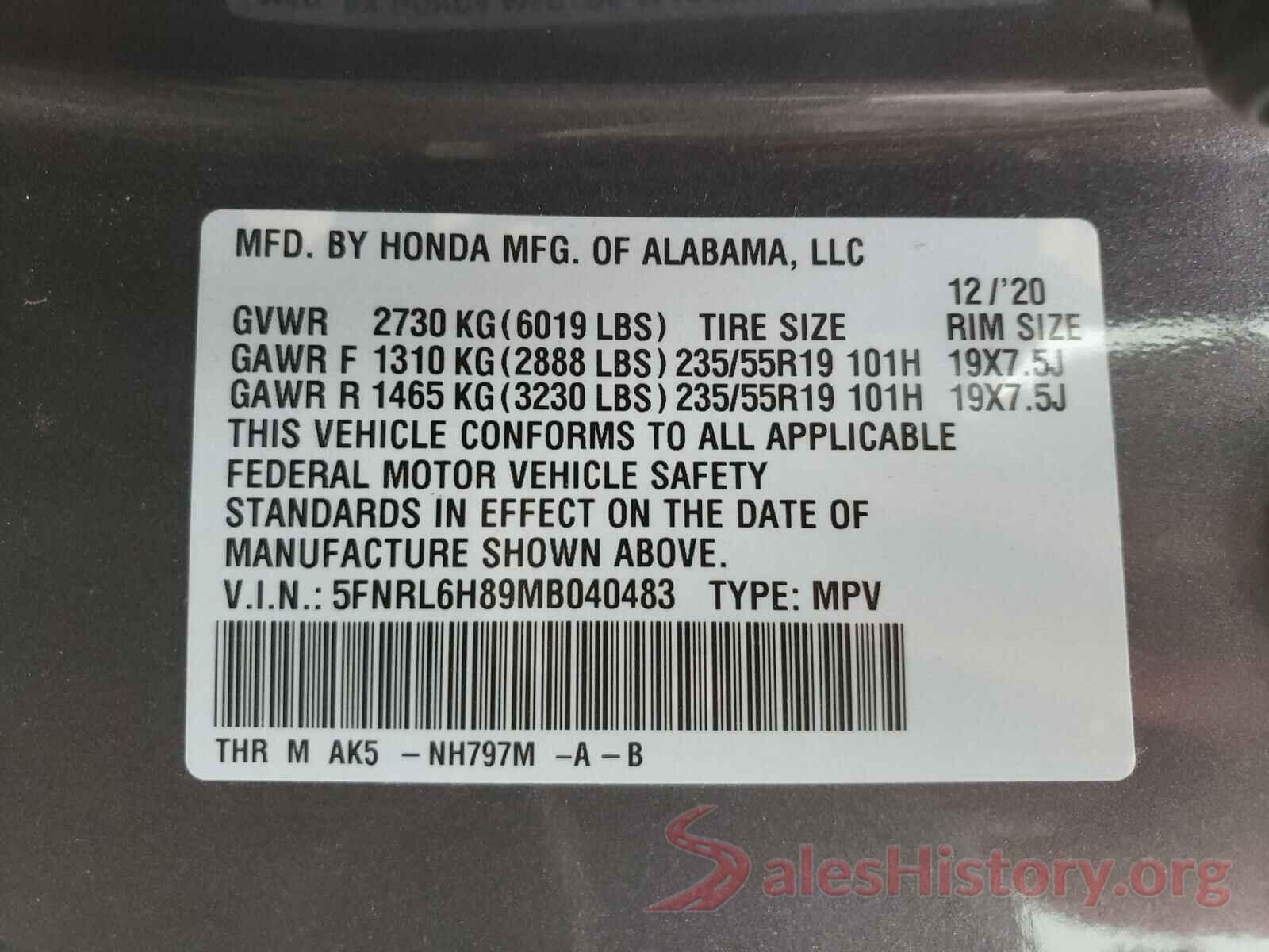 5FNRL6H89MB040483 2021 HONDA ODYSSEY