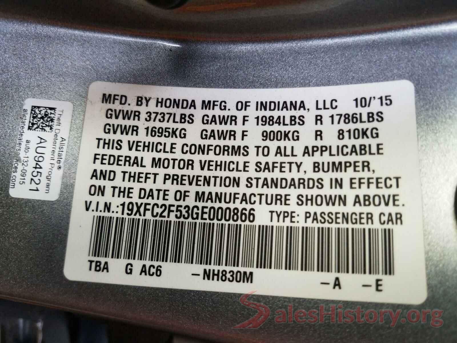 19XFC2F53GE000866 2016 HONDA CIVIC