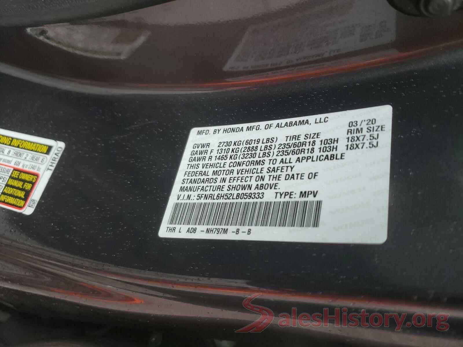 5FNRL6H52LB059333 2020 HONDA ODYSSEY