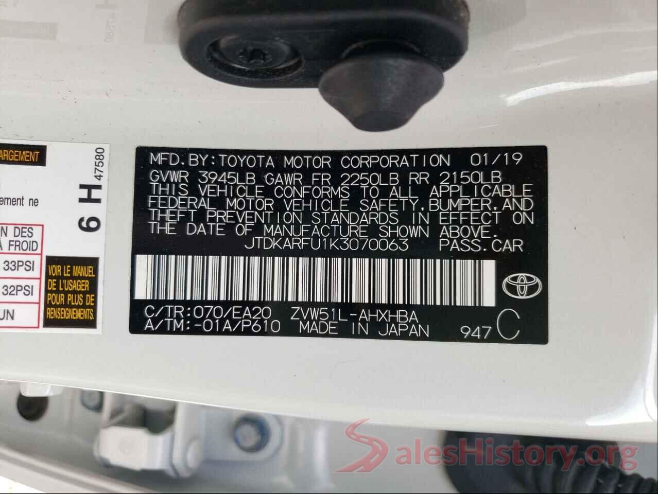 JTDKARFU1K3070063 2019 TOYOTA PRIUS