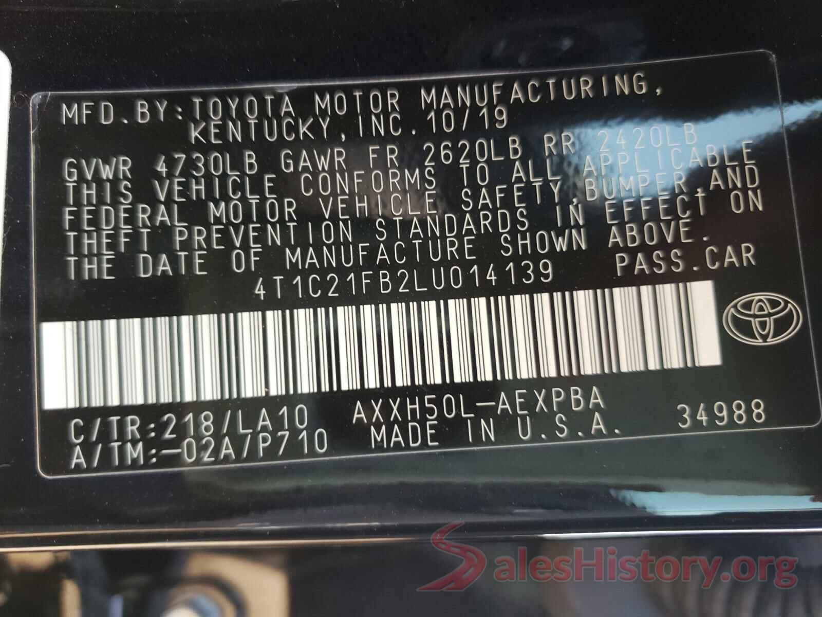 4T1C21FB2LU014139 2020 TOYOTA AVALON