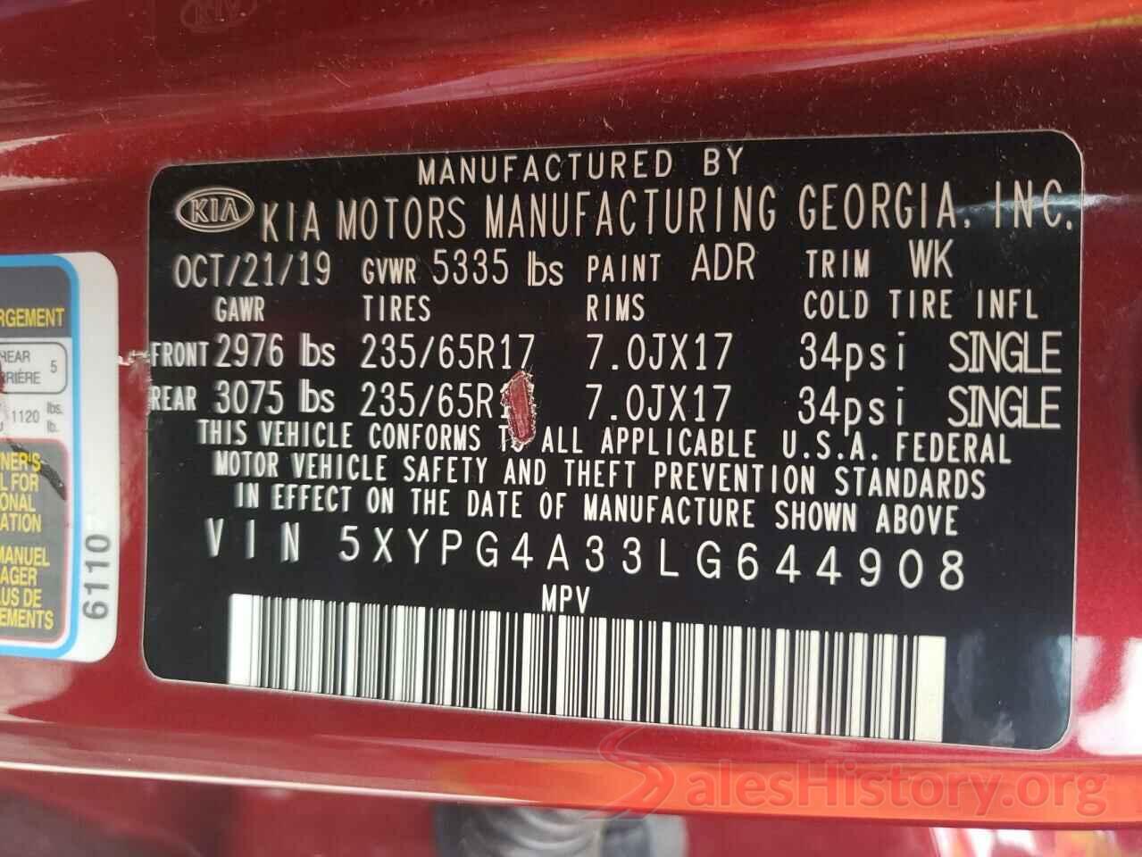 5XYPG4A33LG644908 2020 KIA SORENTO