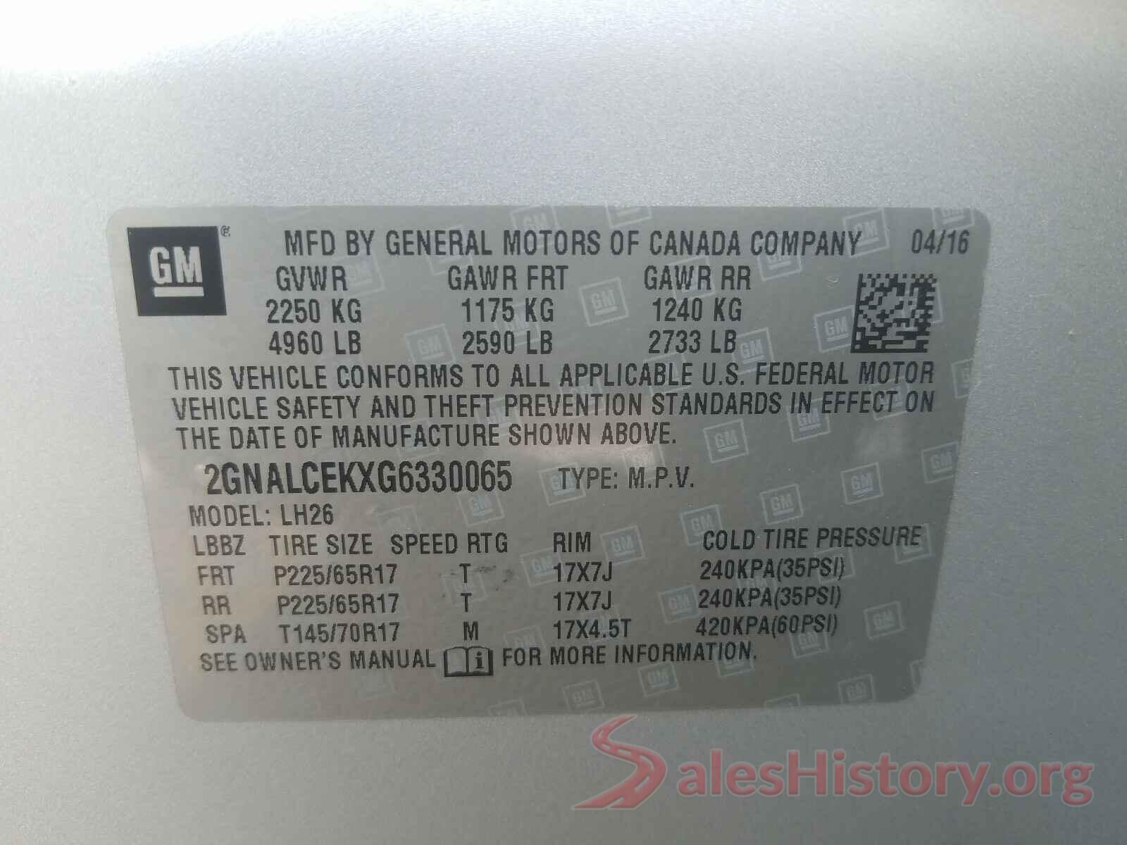 2GNALCEKXG6330065 2016 CHEVROLET EQUINOX