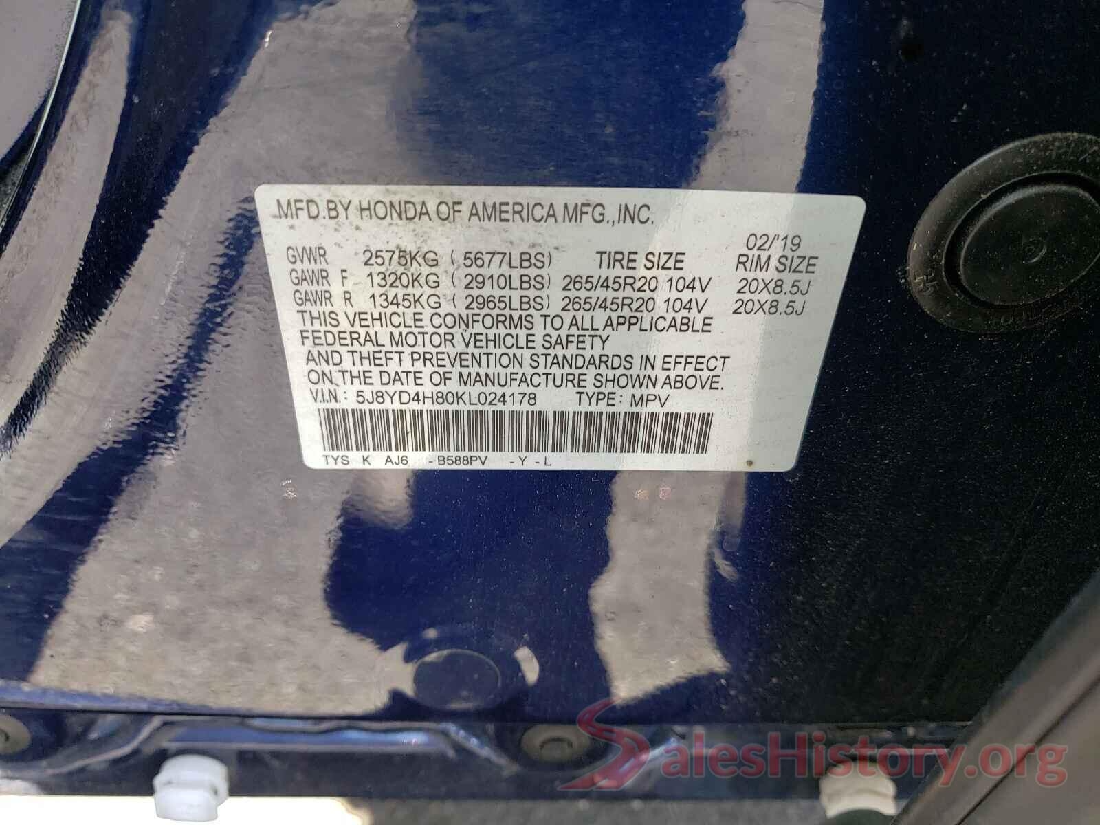 5J8YD4H80KL024178 2019 ACURA MDX