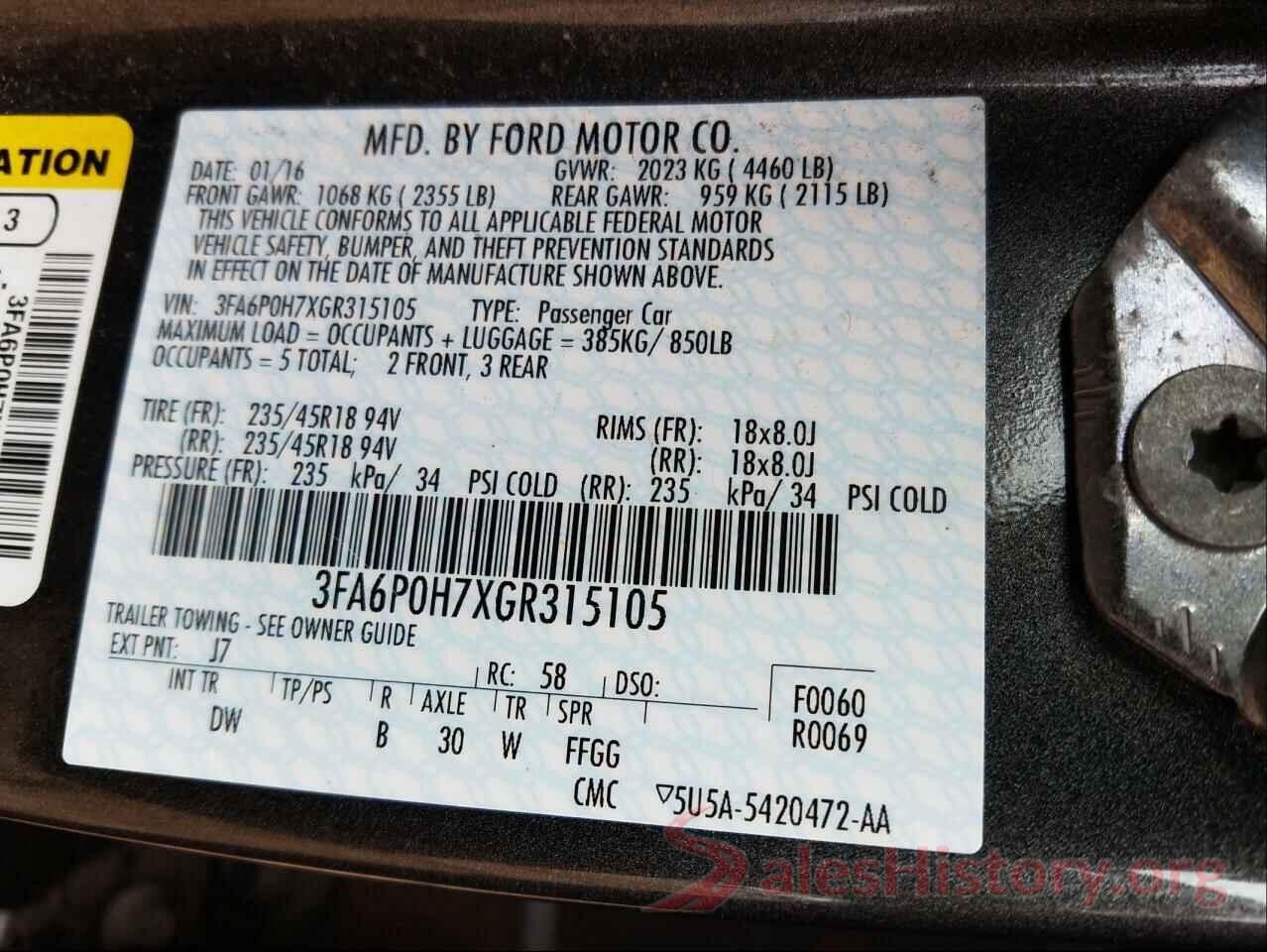 3FA6P0H7XGR315105 2016 FORD FUSION