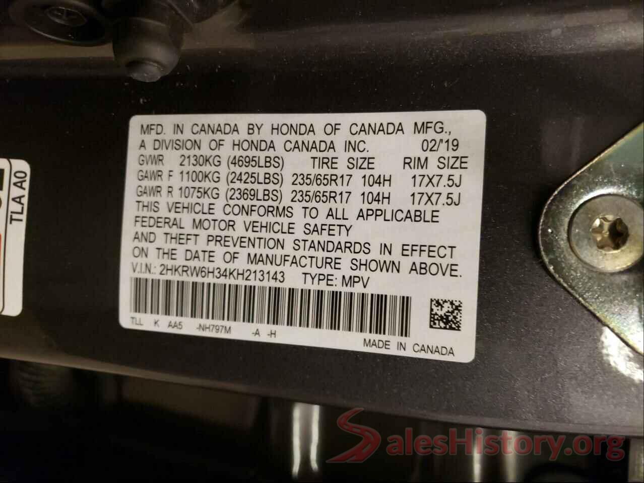 2HKRW6H34KH213143 2019 HONDA CRV