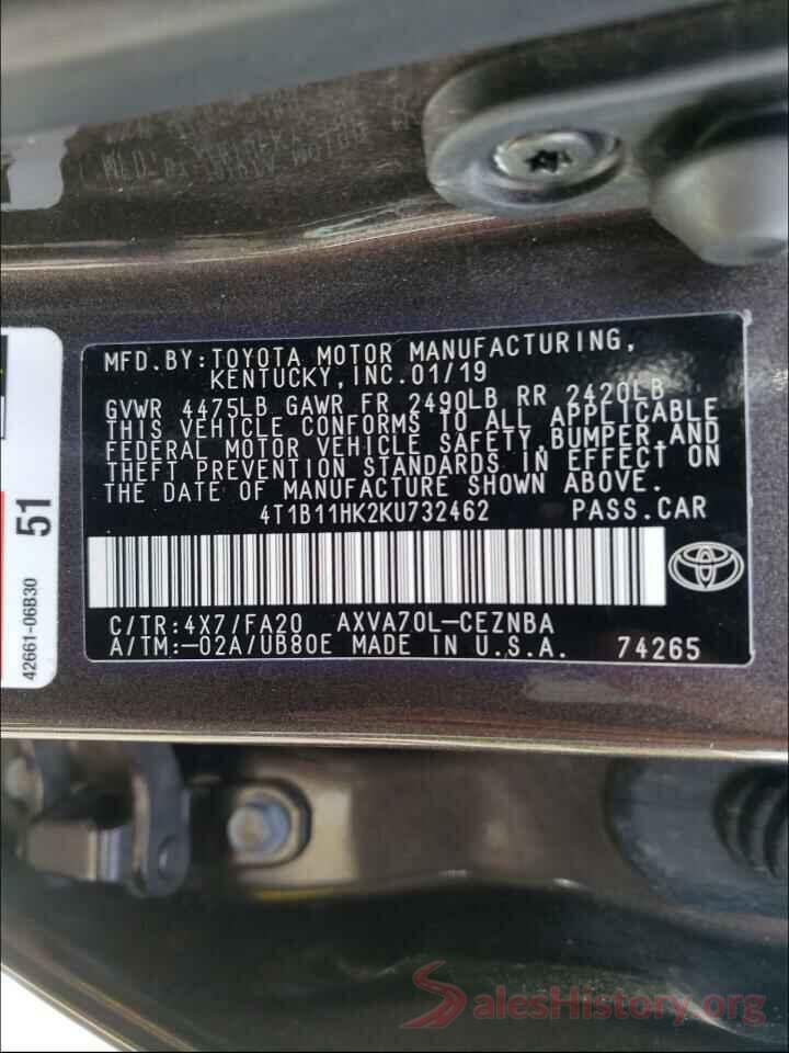 4T1B11HK2KU732462 2019 TOYOTA CAMRY