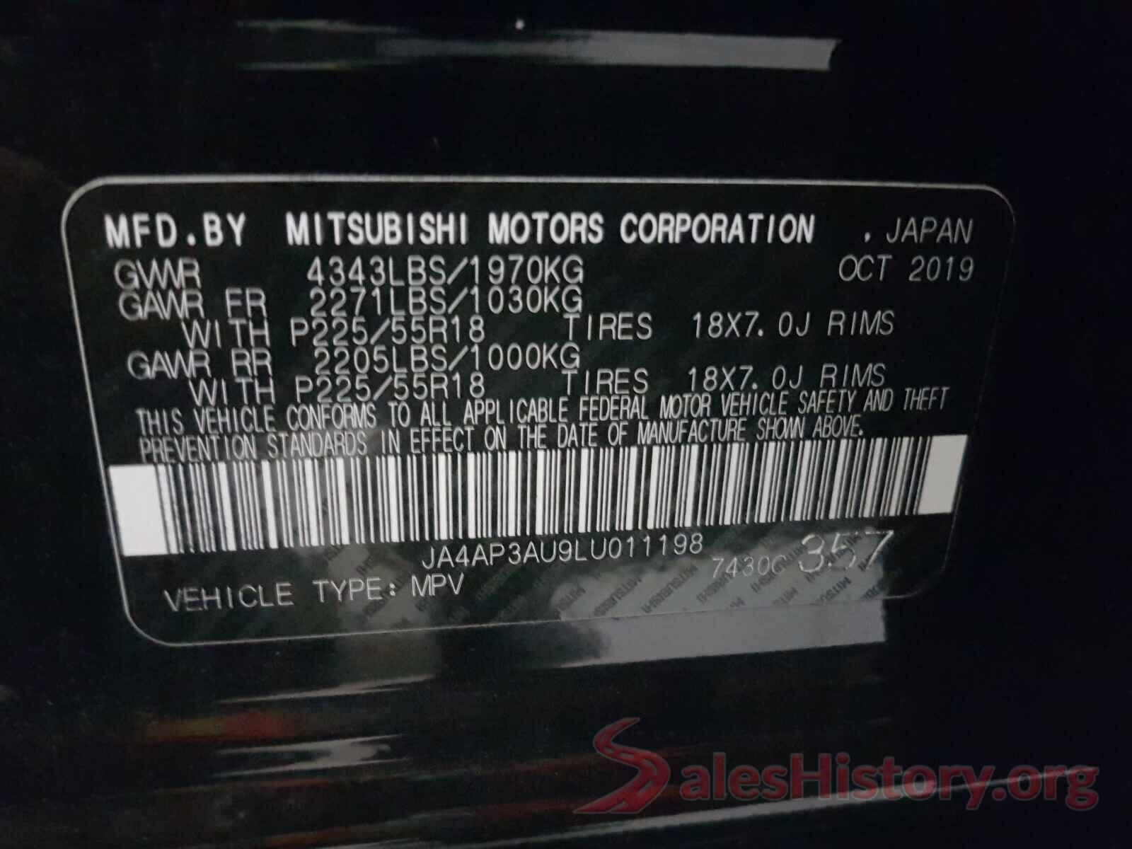 JA4AP3AU9LU011198 2020 MITSUBISHI OUTLANDER