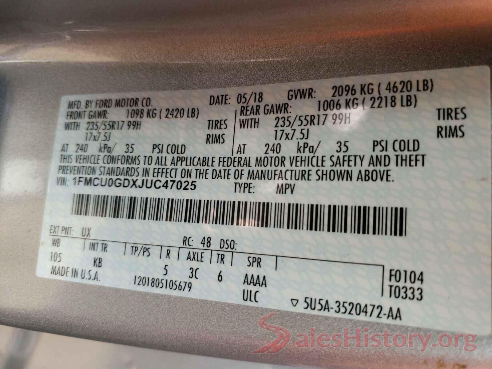 1FMCU0GDXJUC47025 2018 FORD ESCAPE