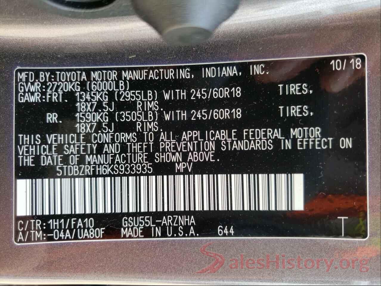 5TDBZRFH6KS933935 2019 TOYOTA HIGHLANDER