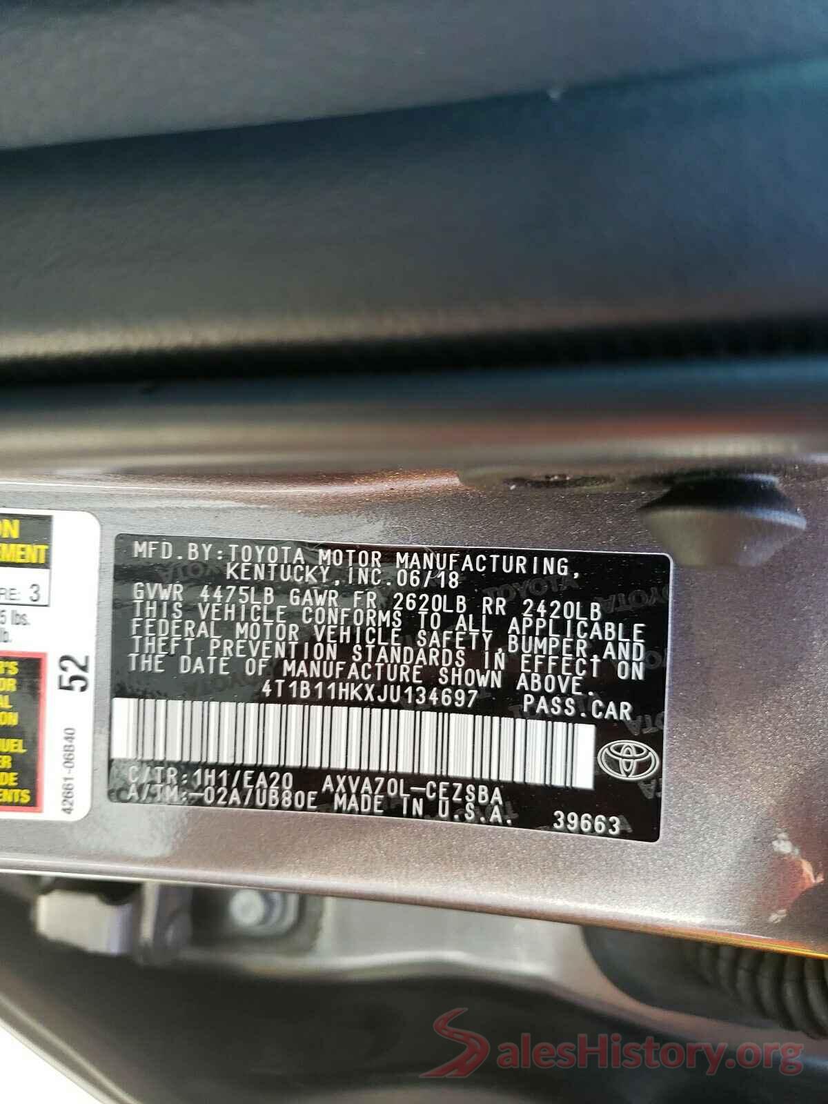 4T1B11HKXJU134697 2018 TOYOTA CAMRY