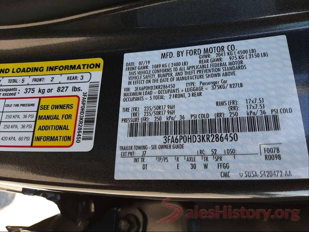 3FA6P0HD3KR286450 2019 FORD FUSION