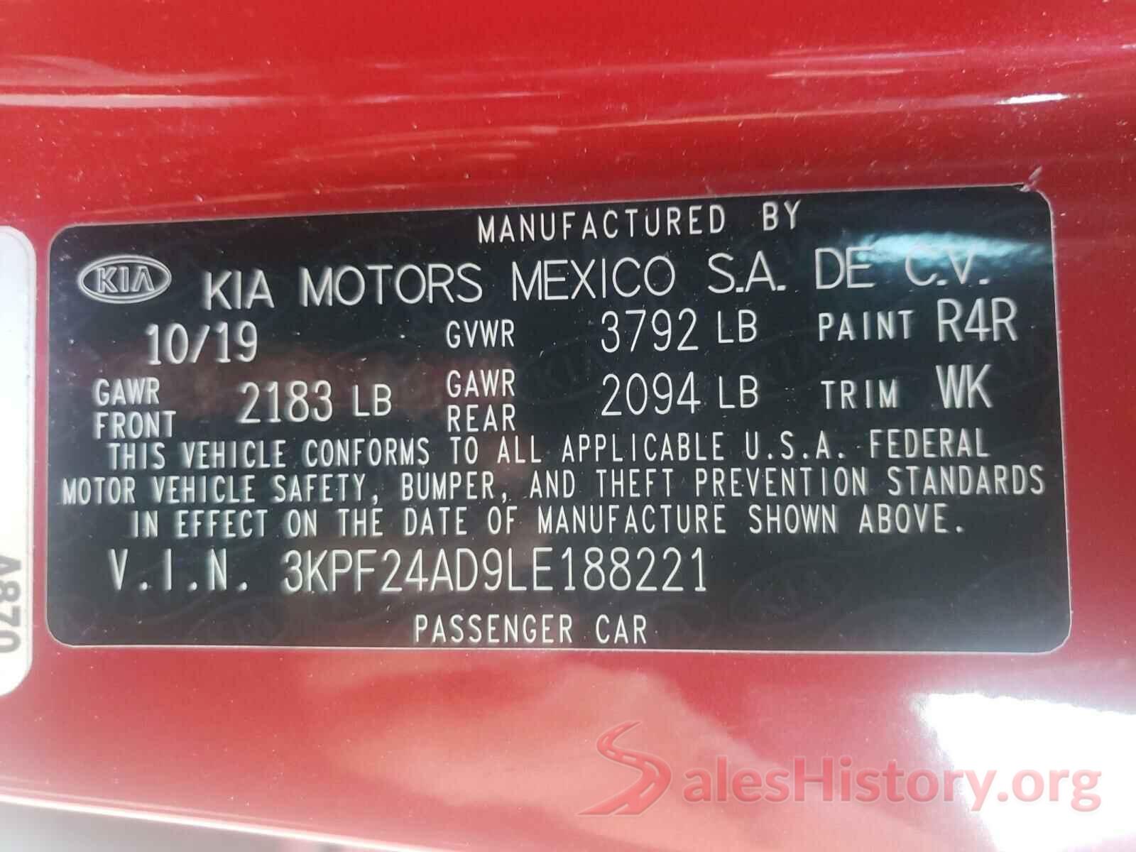 3KPF24AD9LE188221 2020 KIA FORTE