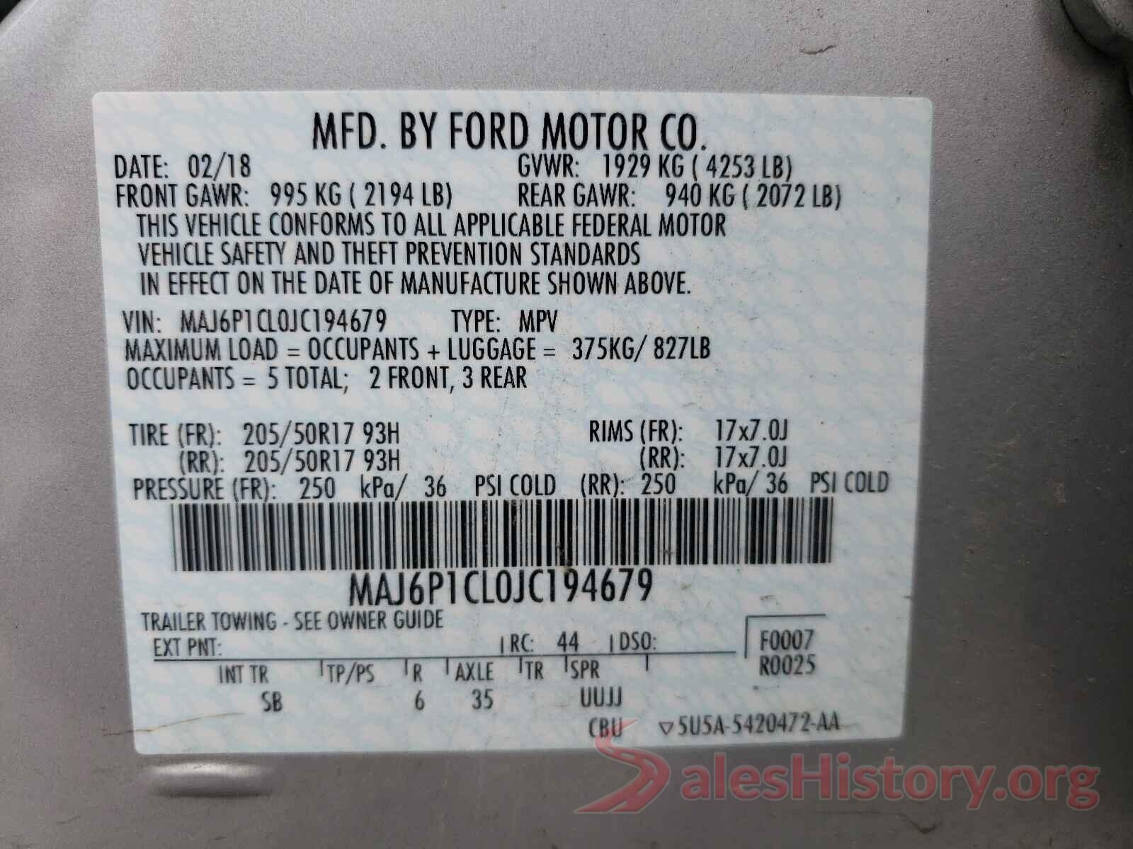 MAJ6P1CL0JC194679 2018 FORD ALL OTHER