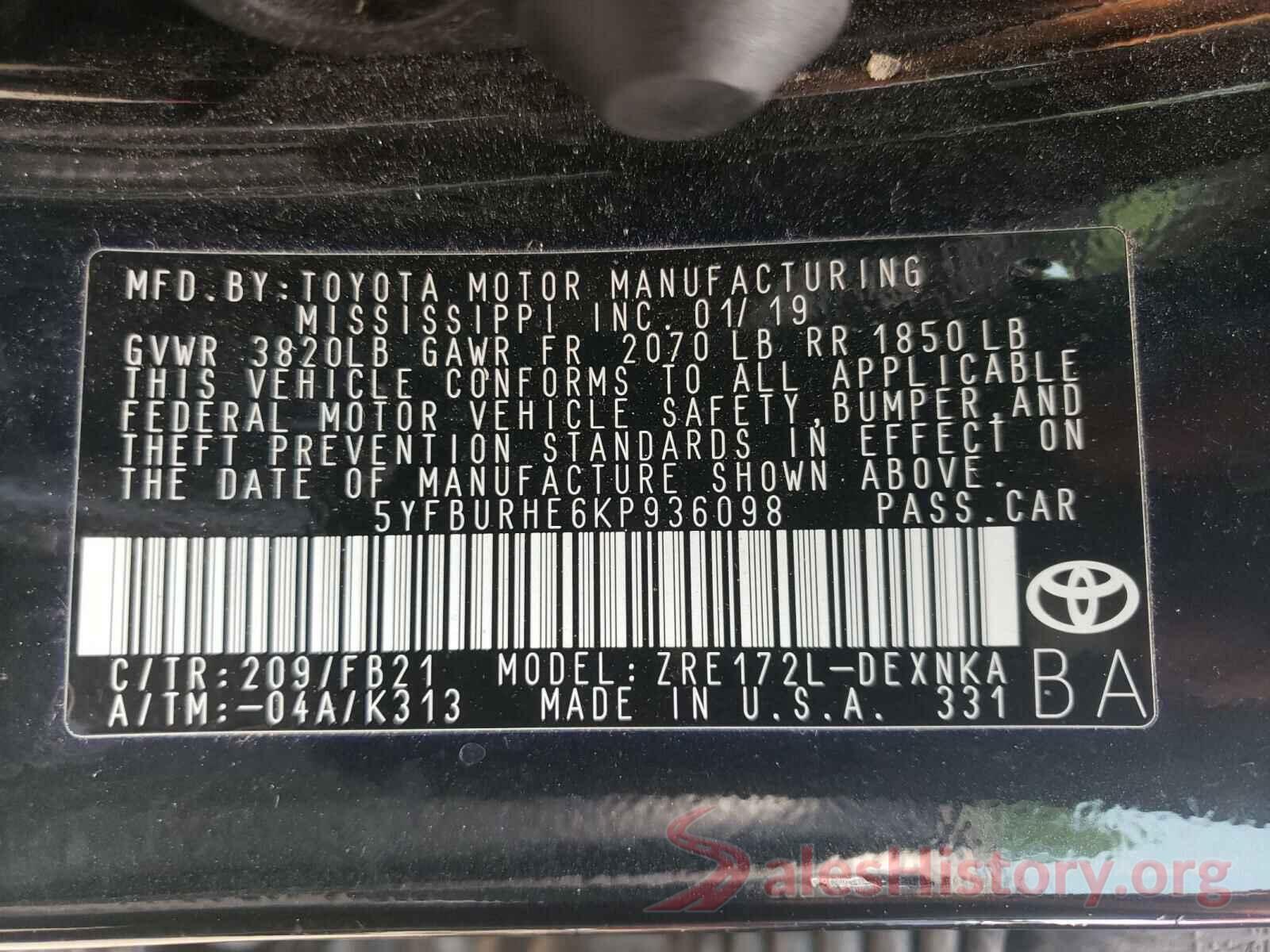 5YFBURHE6KP936098 2019 TOYOTA COROLLA