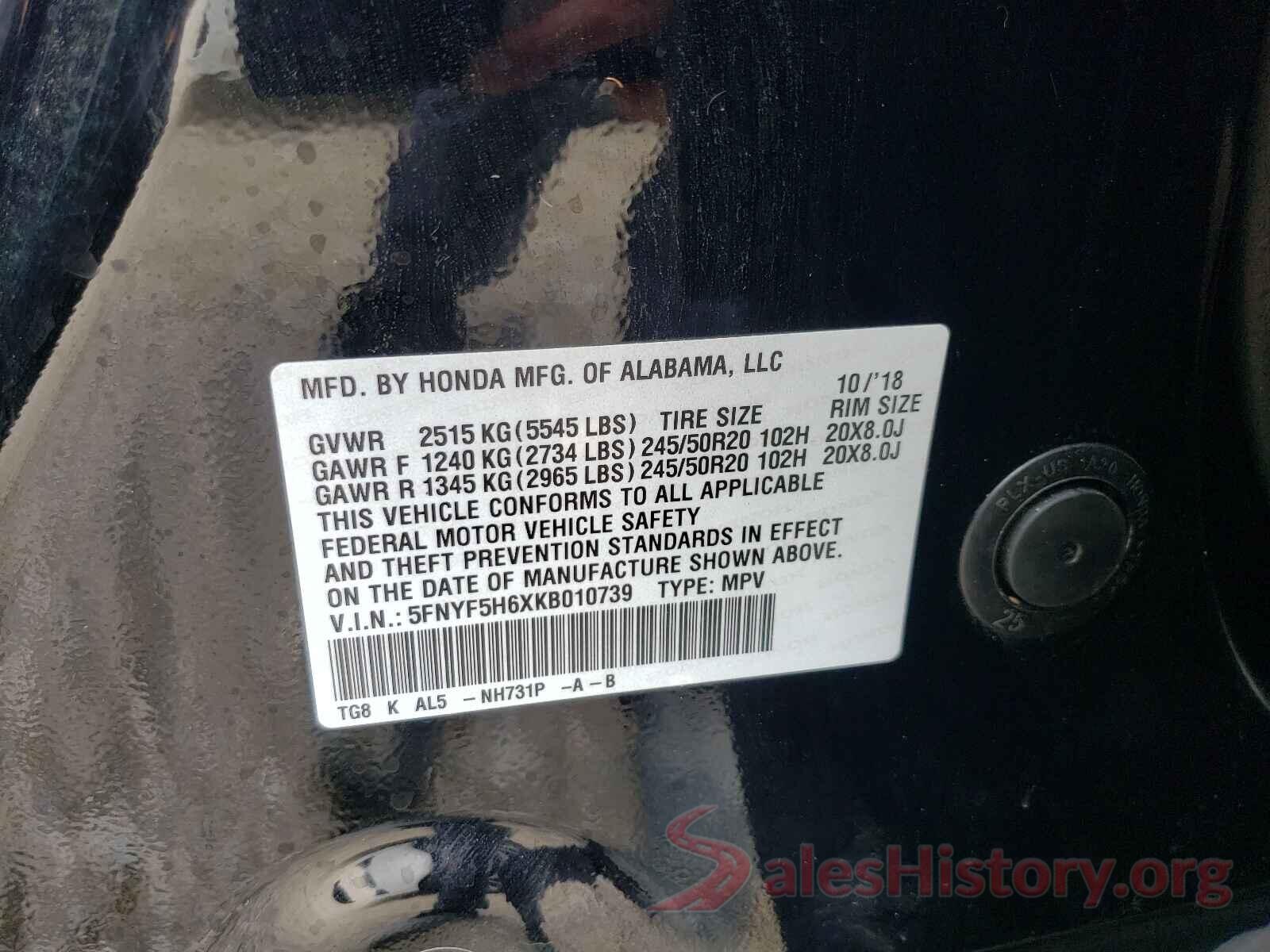 5FNYF5H6XKB010739 2019 HONDA PILOT