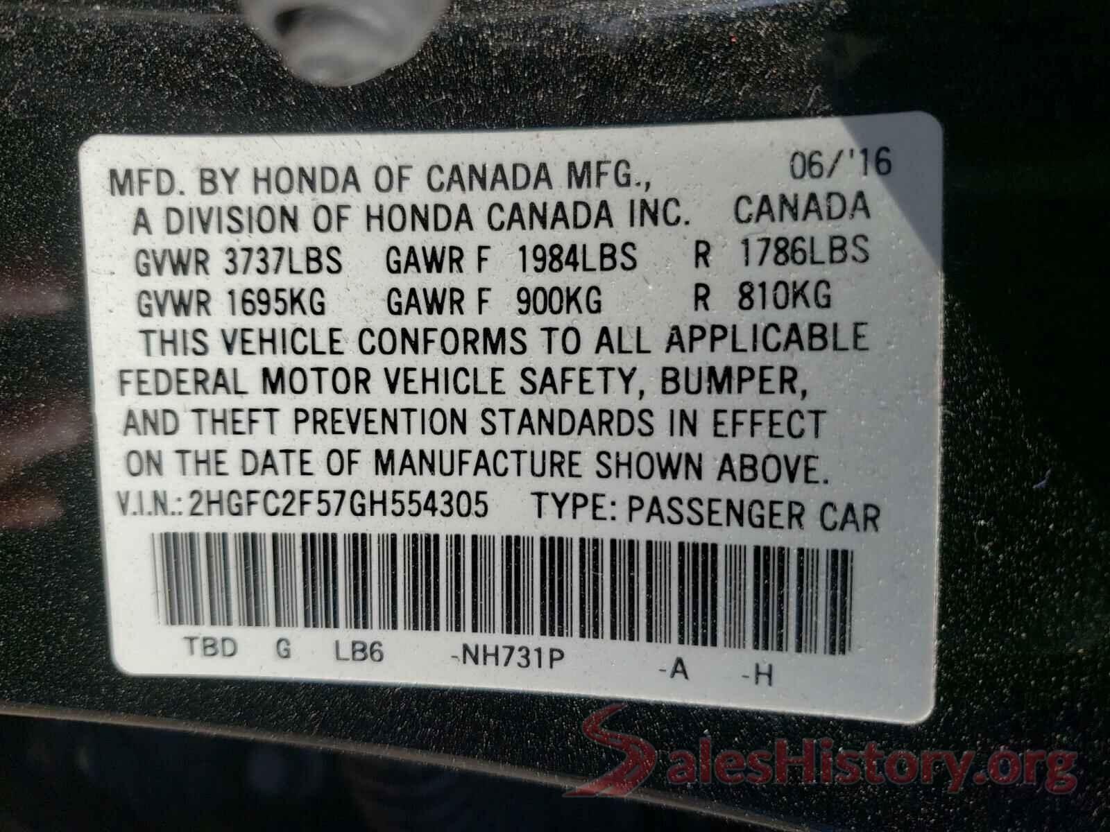 2HGFC2F57GH554305 2016 HONDA CIVIC