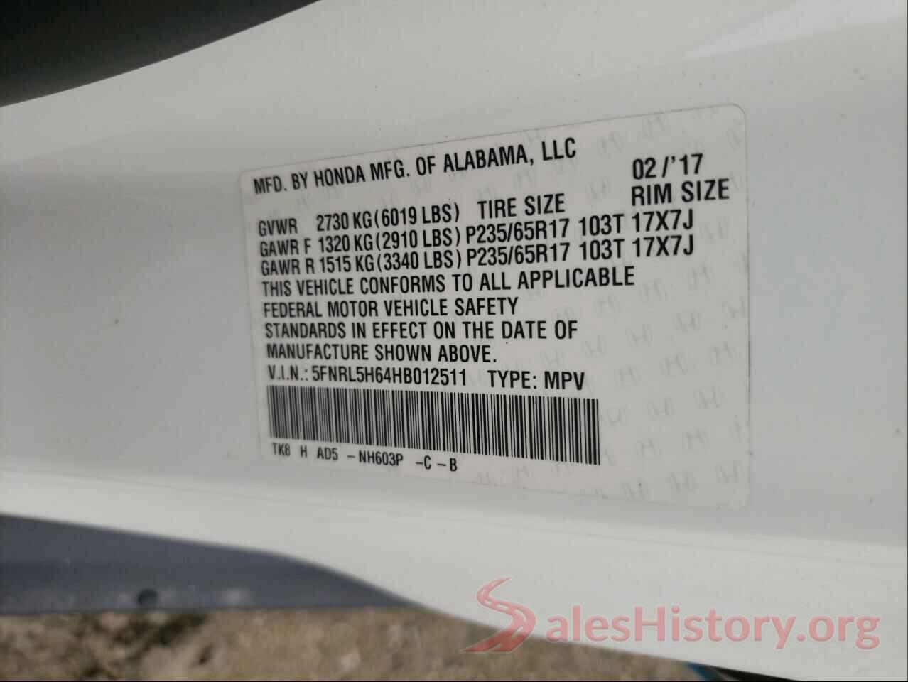 5FNRL5H64HB012511 2017 HONDA ODYSSEY