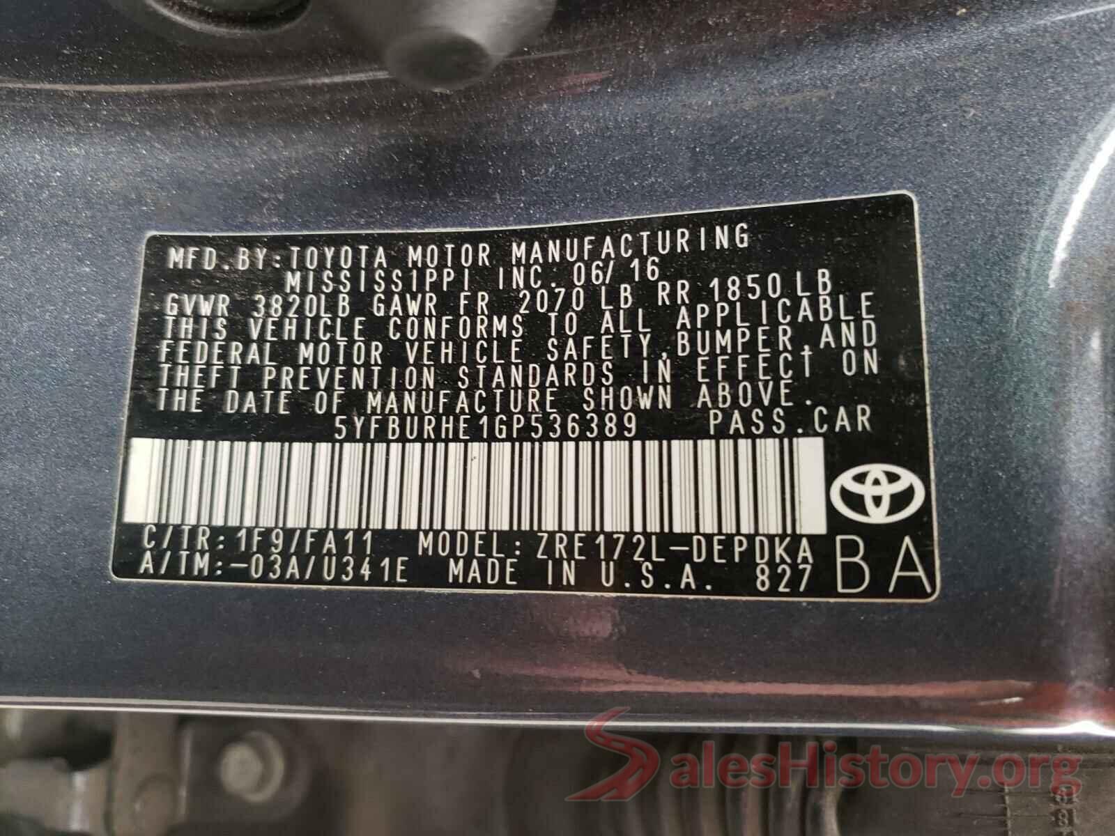 5YFBURHE1GP536389 2016 TOYOTA COROLLA