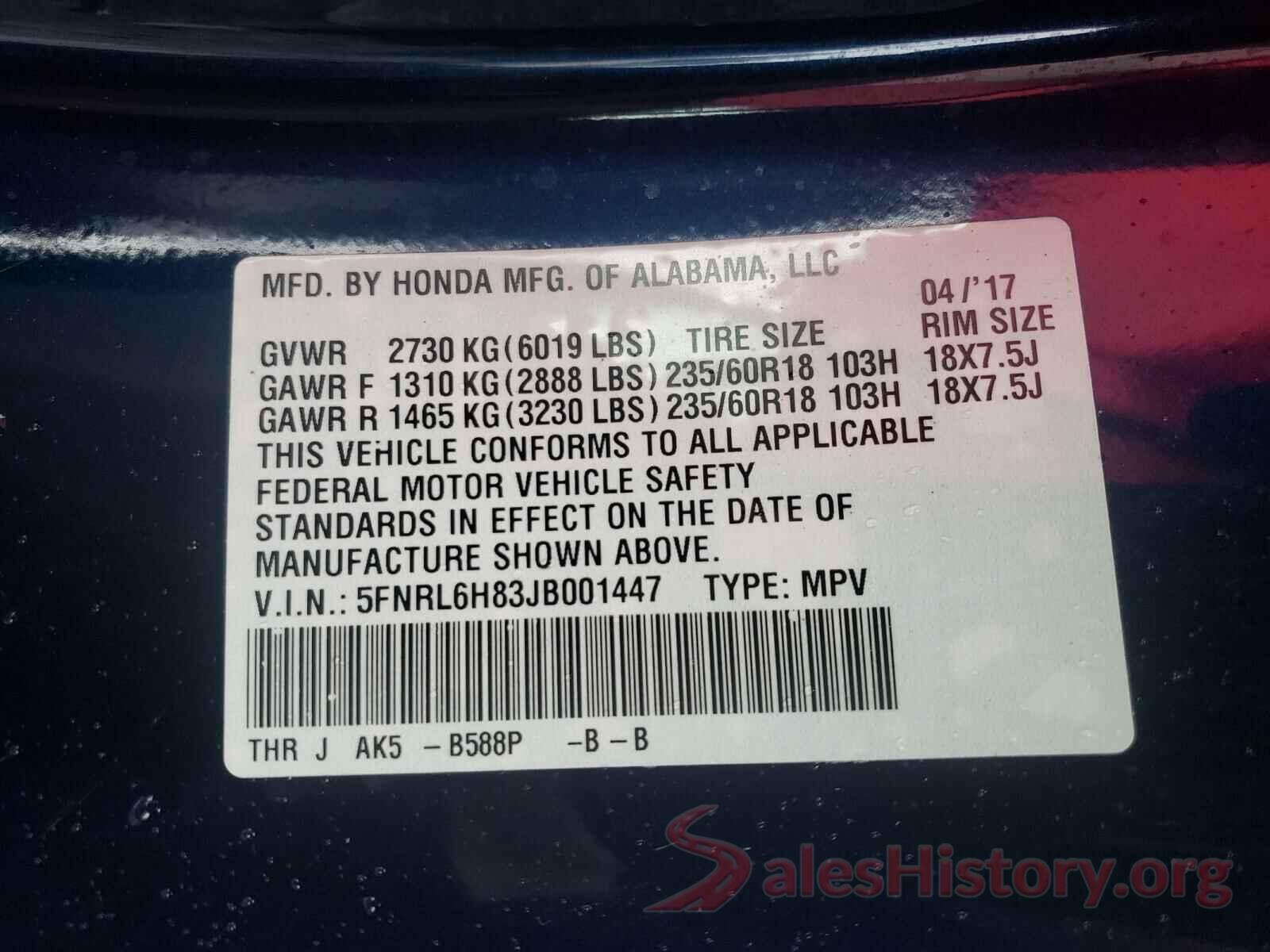 5FNRL6H83JB001447 2018 HONDA ODYSSEY