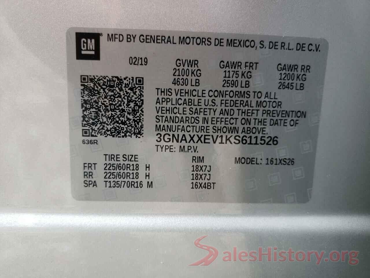 3GNAXXEV1KS611526 2019 CHEVROLET EQUINOX