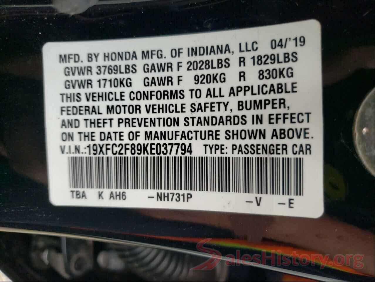 19XFC2F89KE037794 2019 HONDA CIVIC