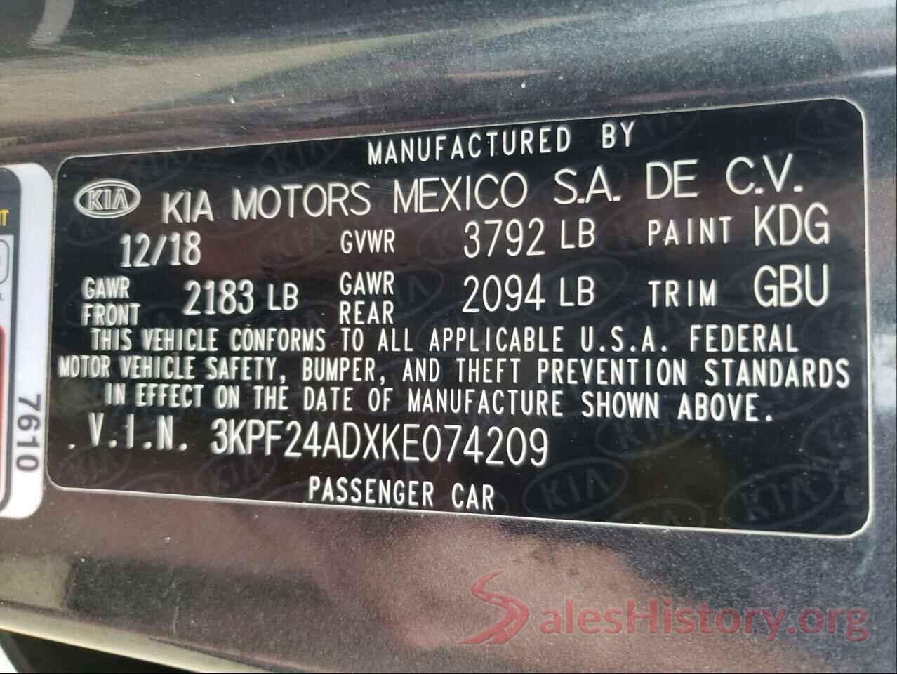 3KPF24ADXKE074209 2019 KIA FORTE