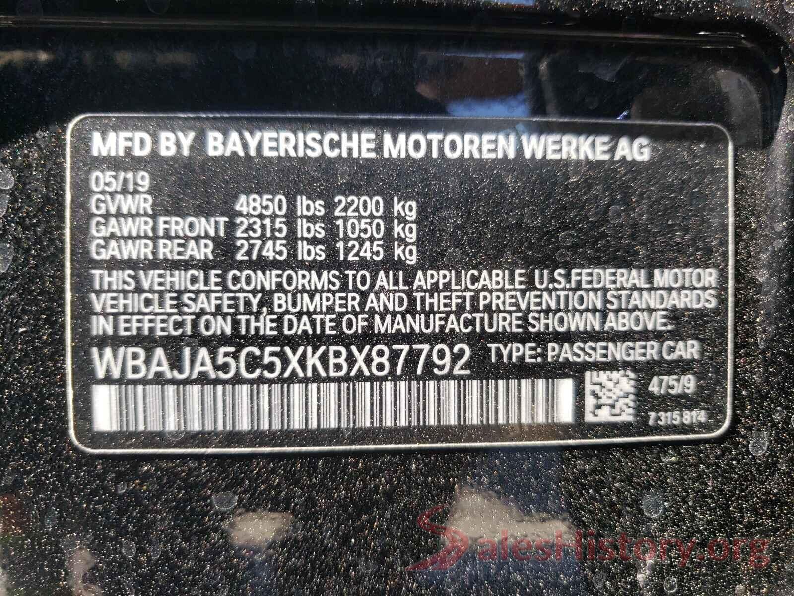 WBAJA5C5XKBX87792 2019 BMW 5 SERIES