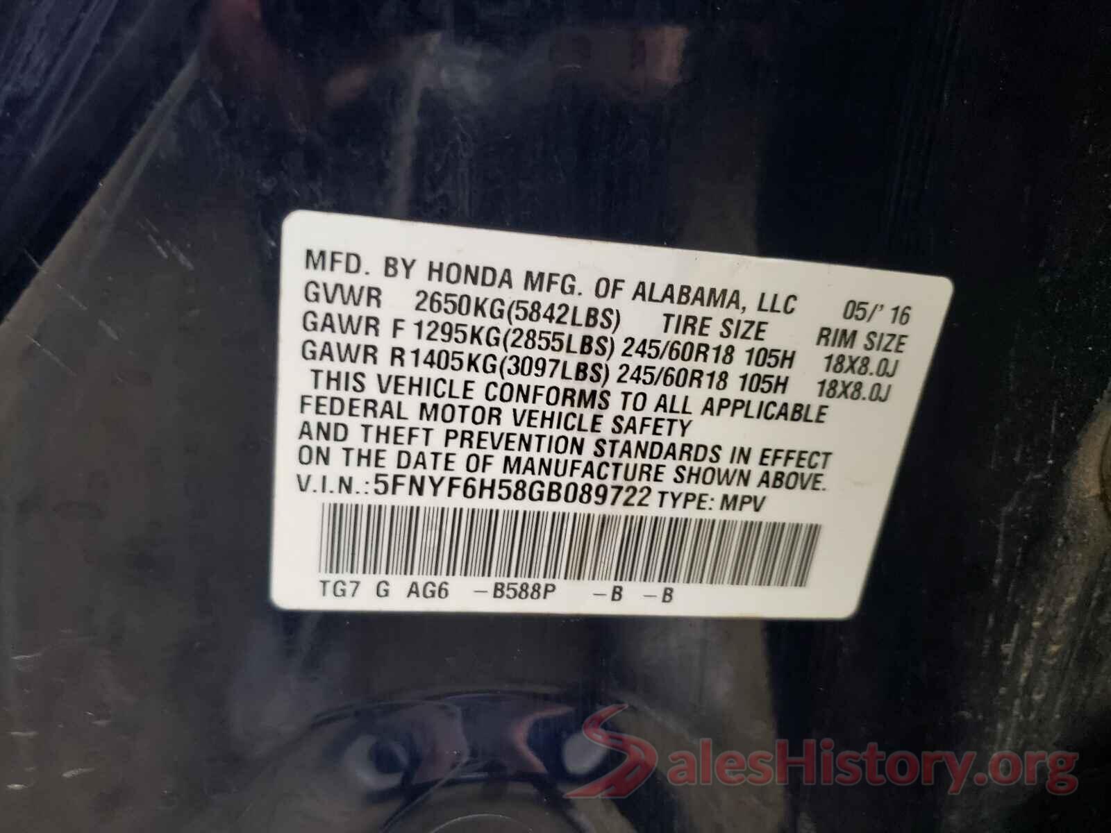 5FNYF6H58GB089722 2016 HONDA PILOT