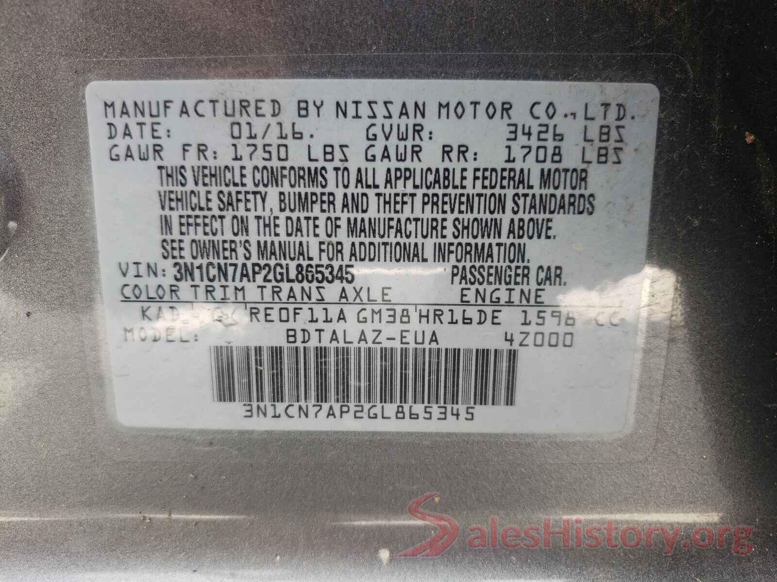 3N1CN7AP2GL865345 2016 NISSAN VERSA