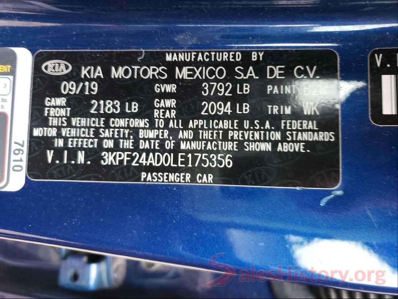 3KPF24AD0LE175356 2020 KIA FORTE