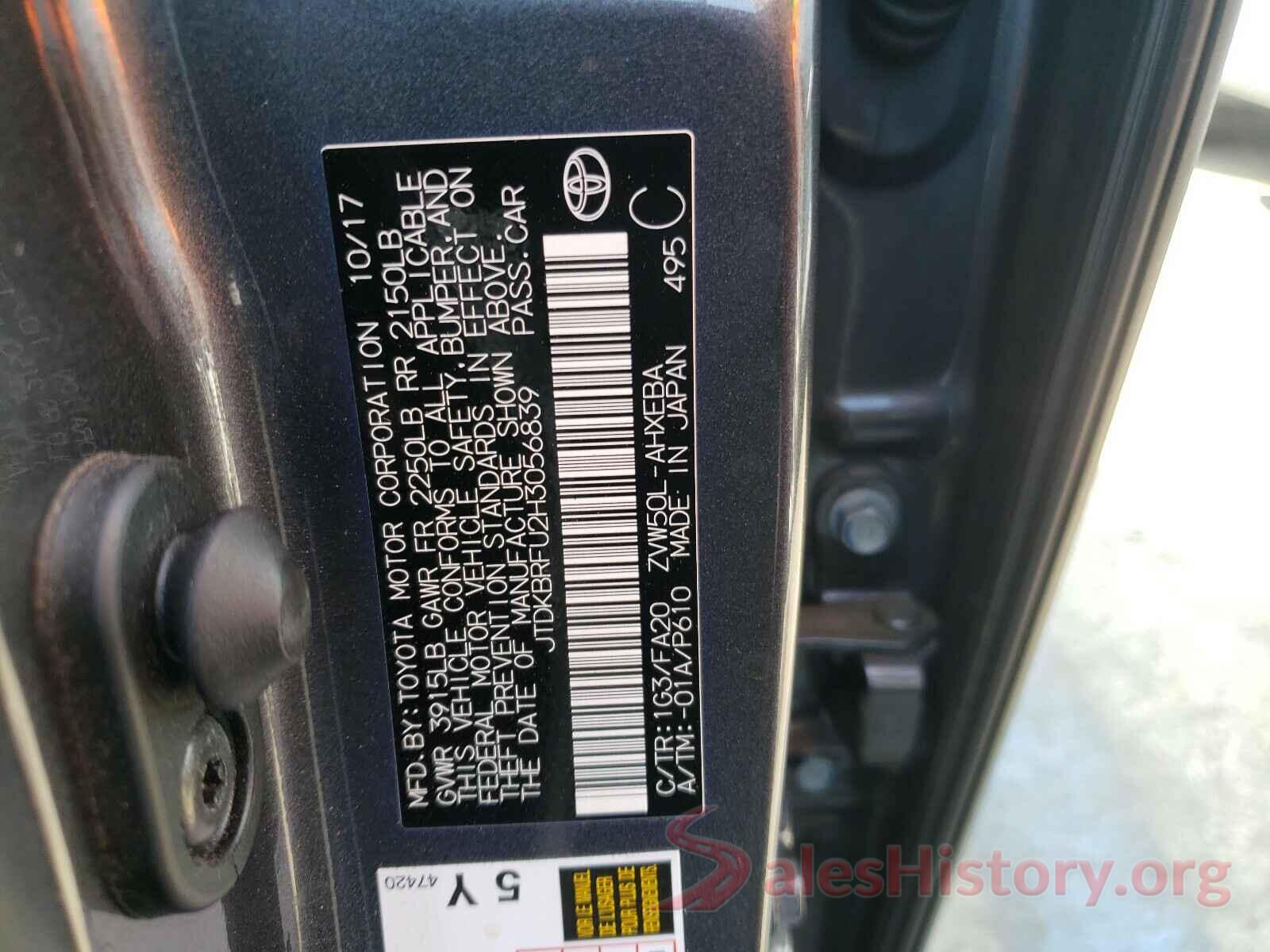 JTDKBRFU2H3056839 2017 TOYOTA PRIUS