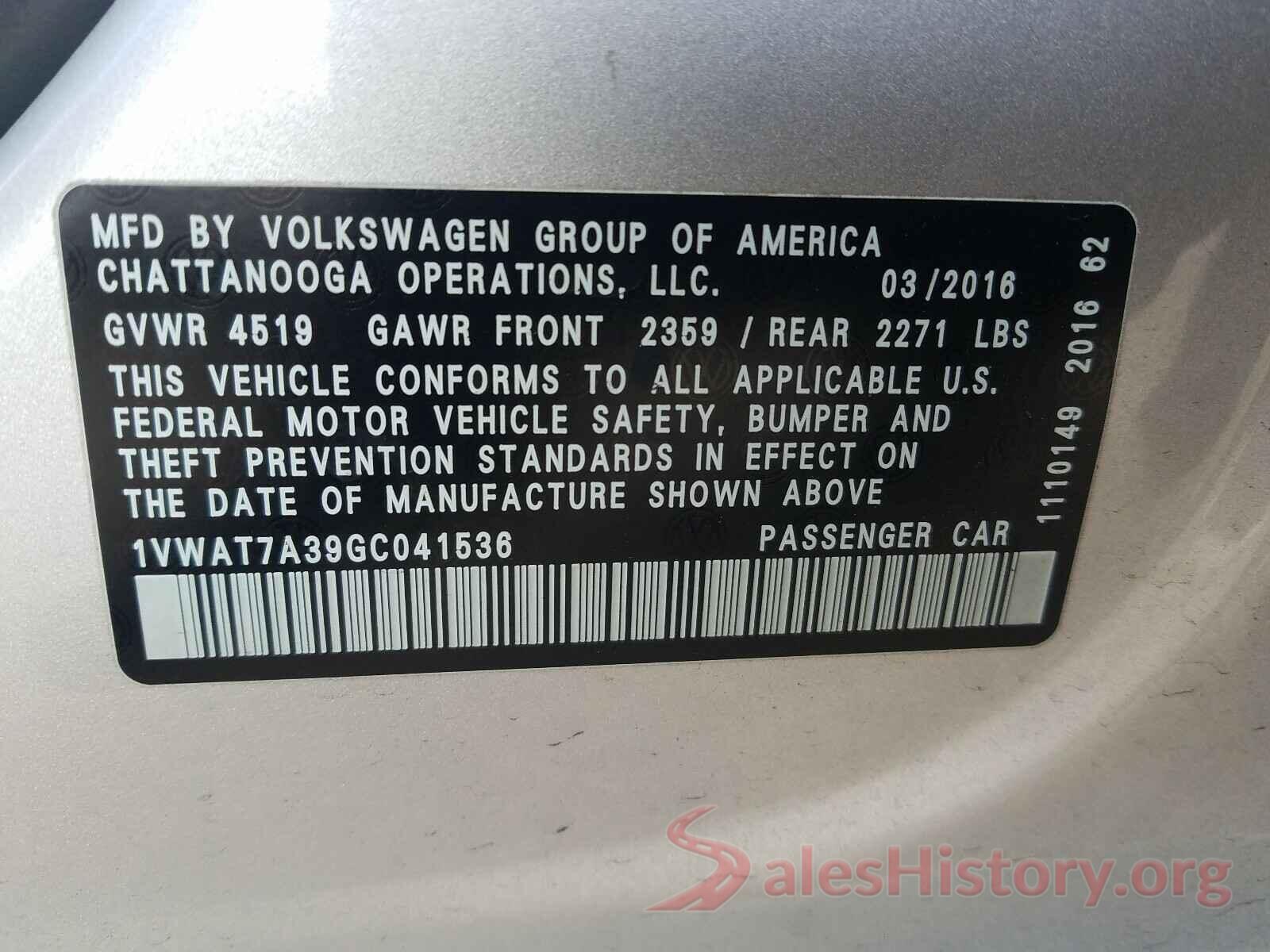 1VWAT7A39GC041536 2016 VOLKSWAGEN PASSAT