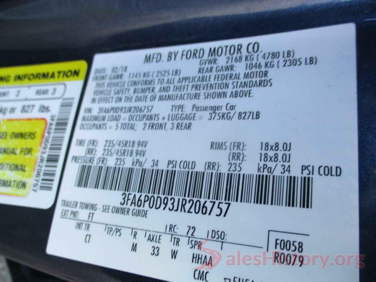 3FA6P0D93JR206757 2018 FORD FUSION