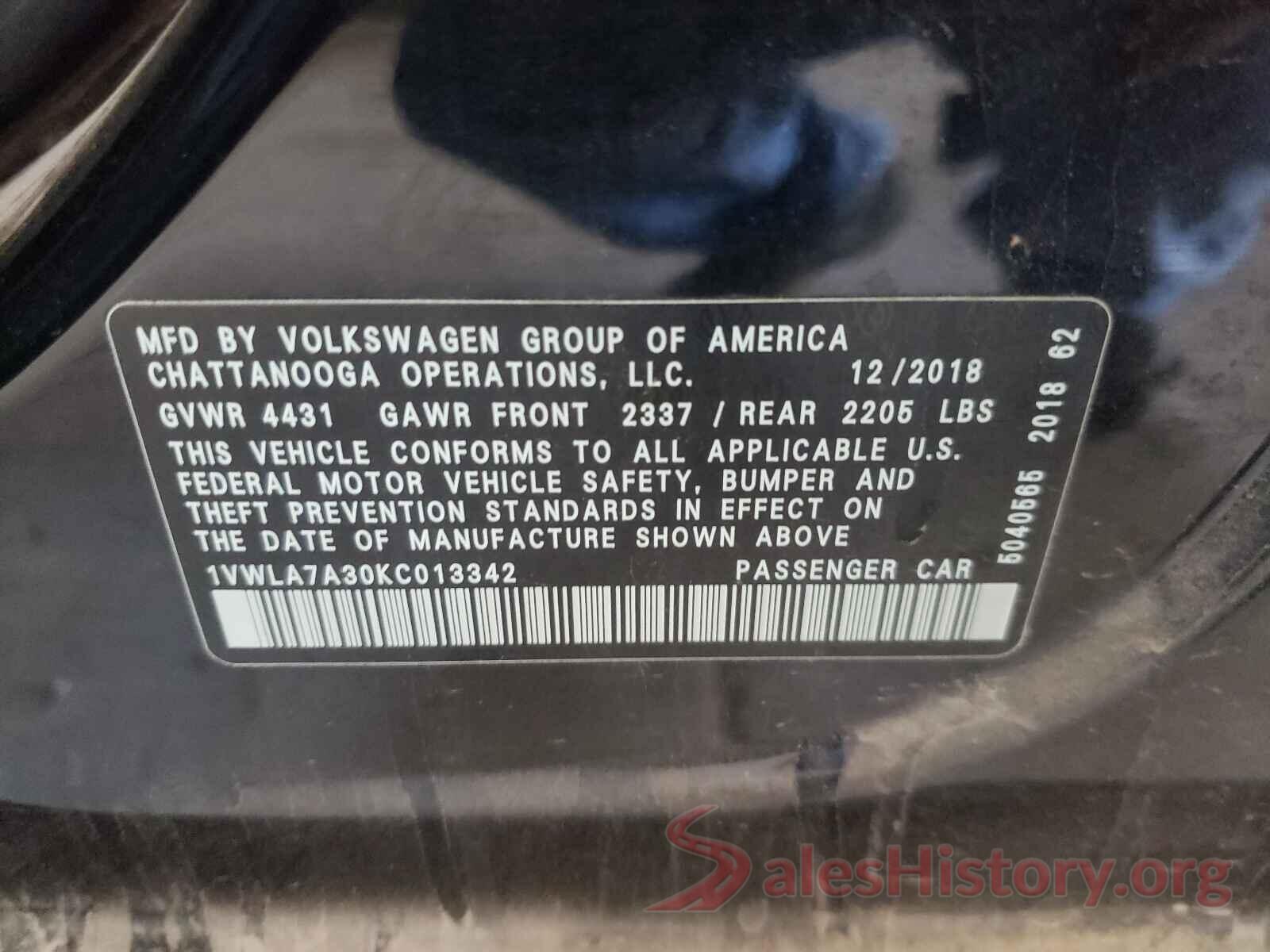 1VWLA7A30KC013342 2019 VOLKSWAGEN PASSAT