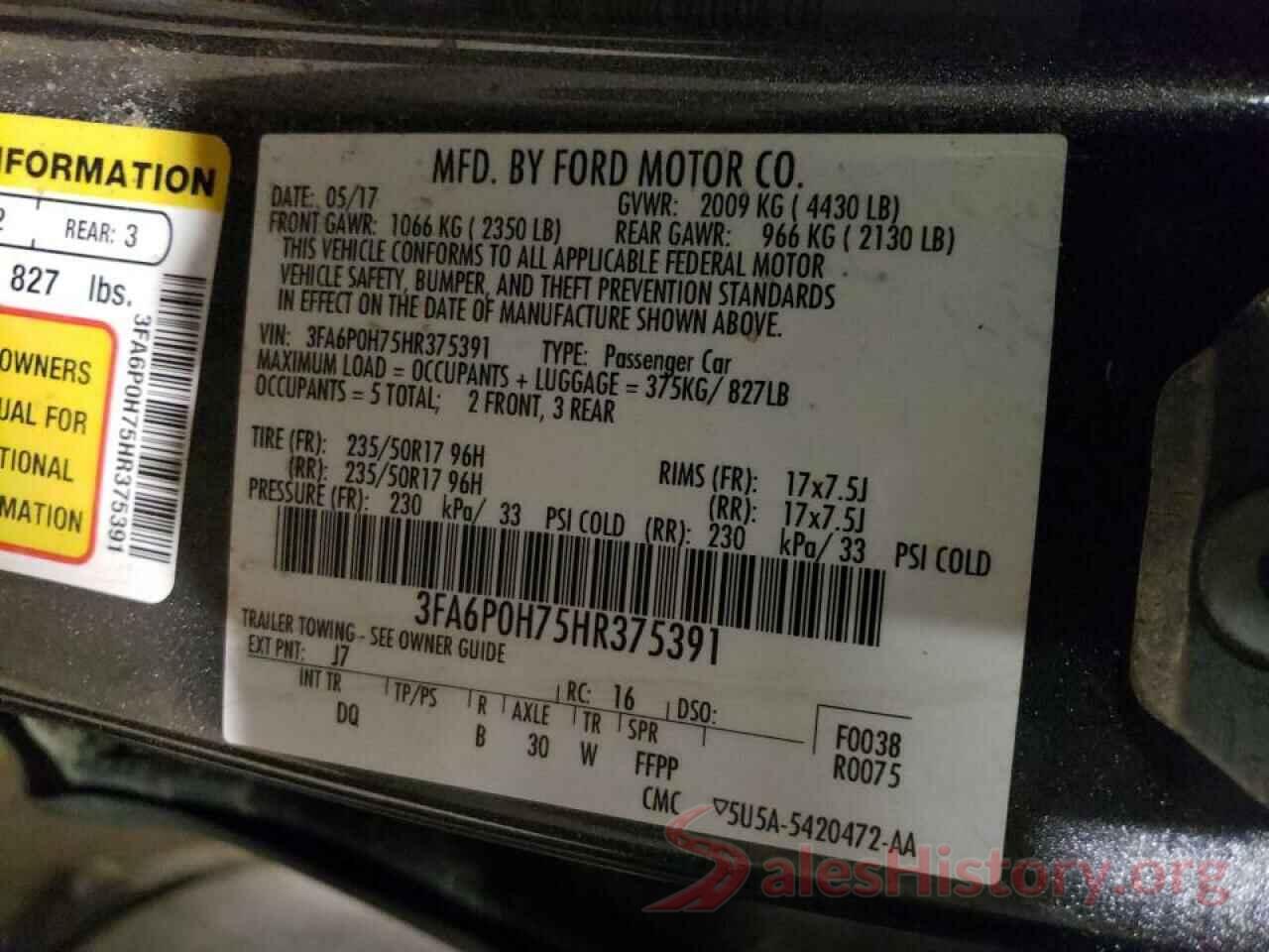 3FA6P0H75HR375391 2017 FORD FUSION