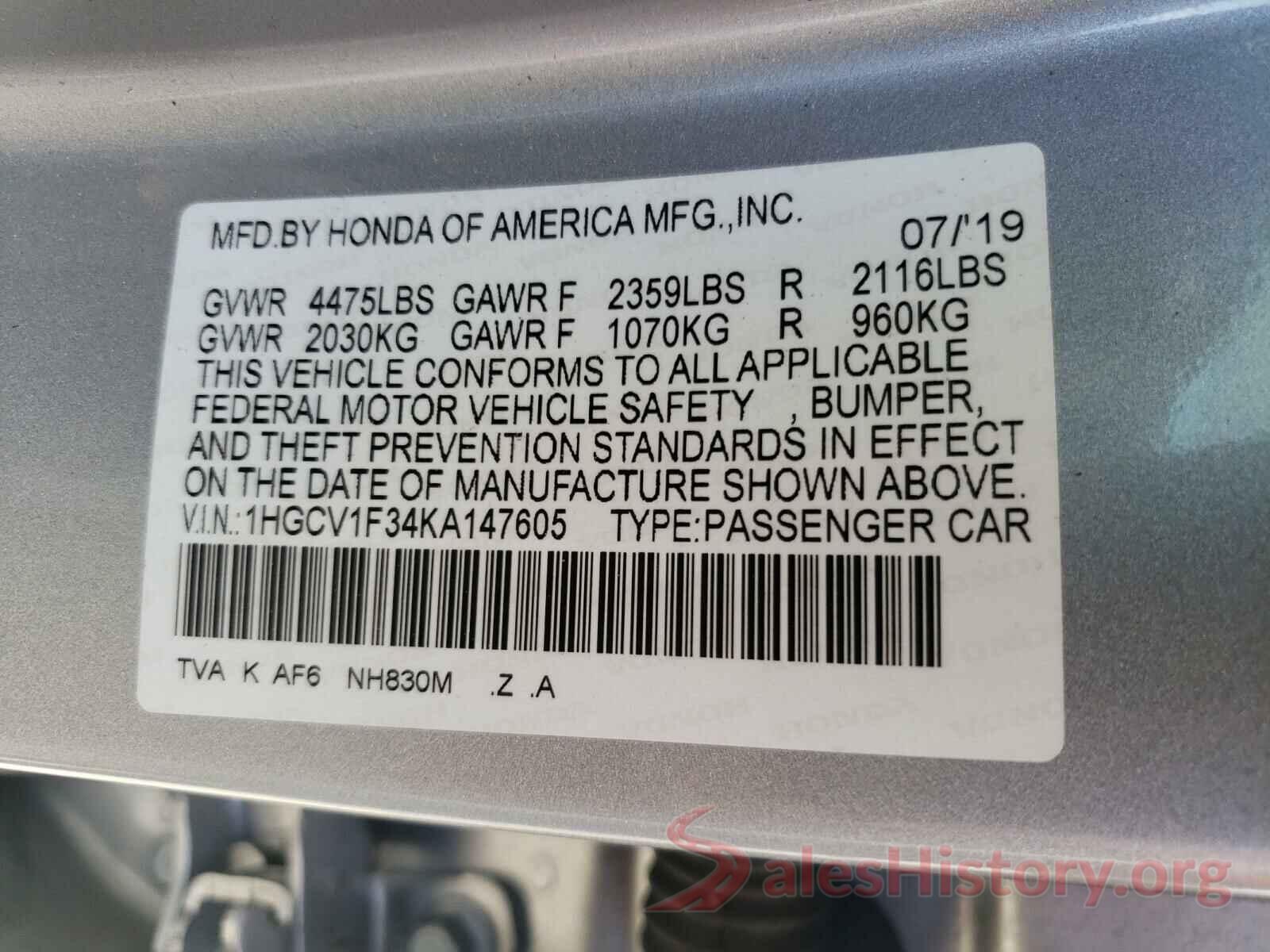 1HGCV1F34KA147605 2019 HONDA ACCORD