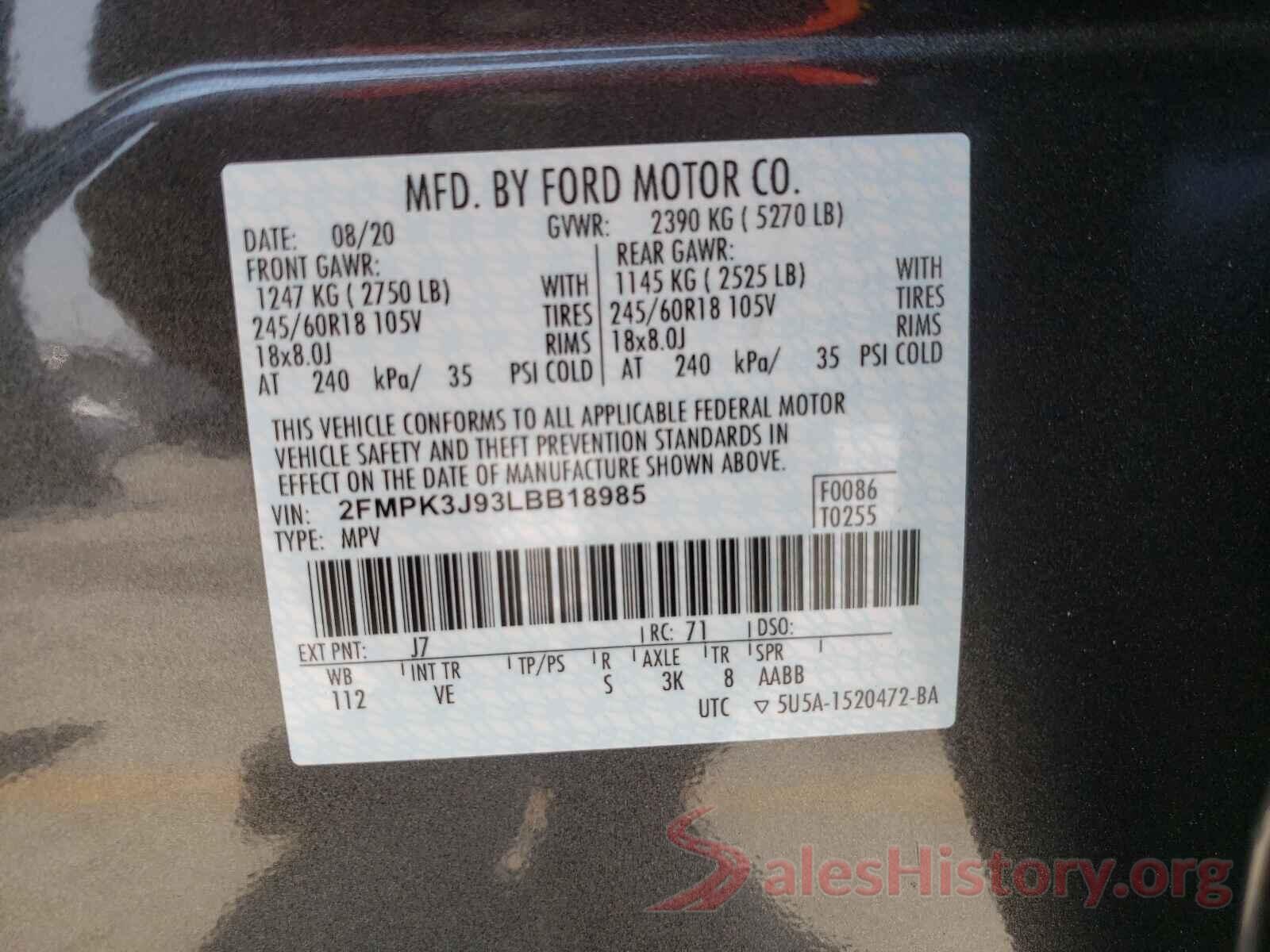 2FMPK3J93LBB18985 2020 FORD EDGE