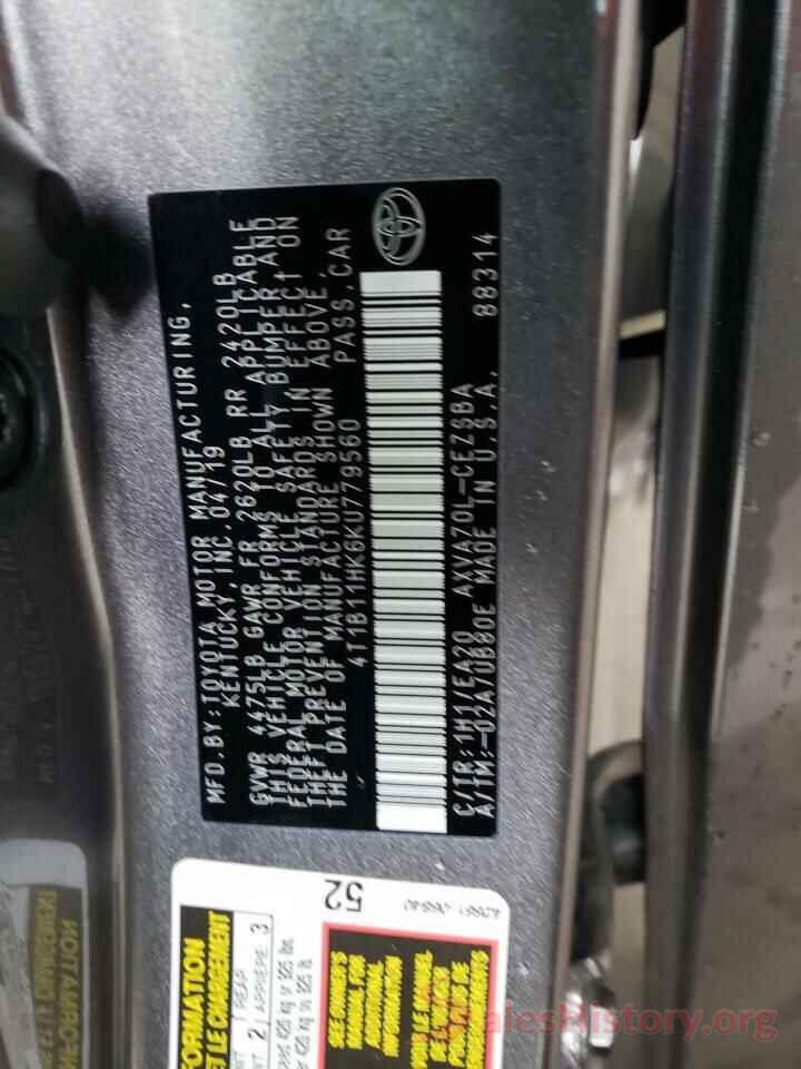 4T1B11HK6KU779560 2019 TOYOTA CAMRY