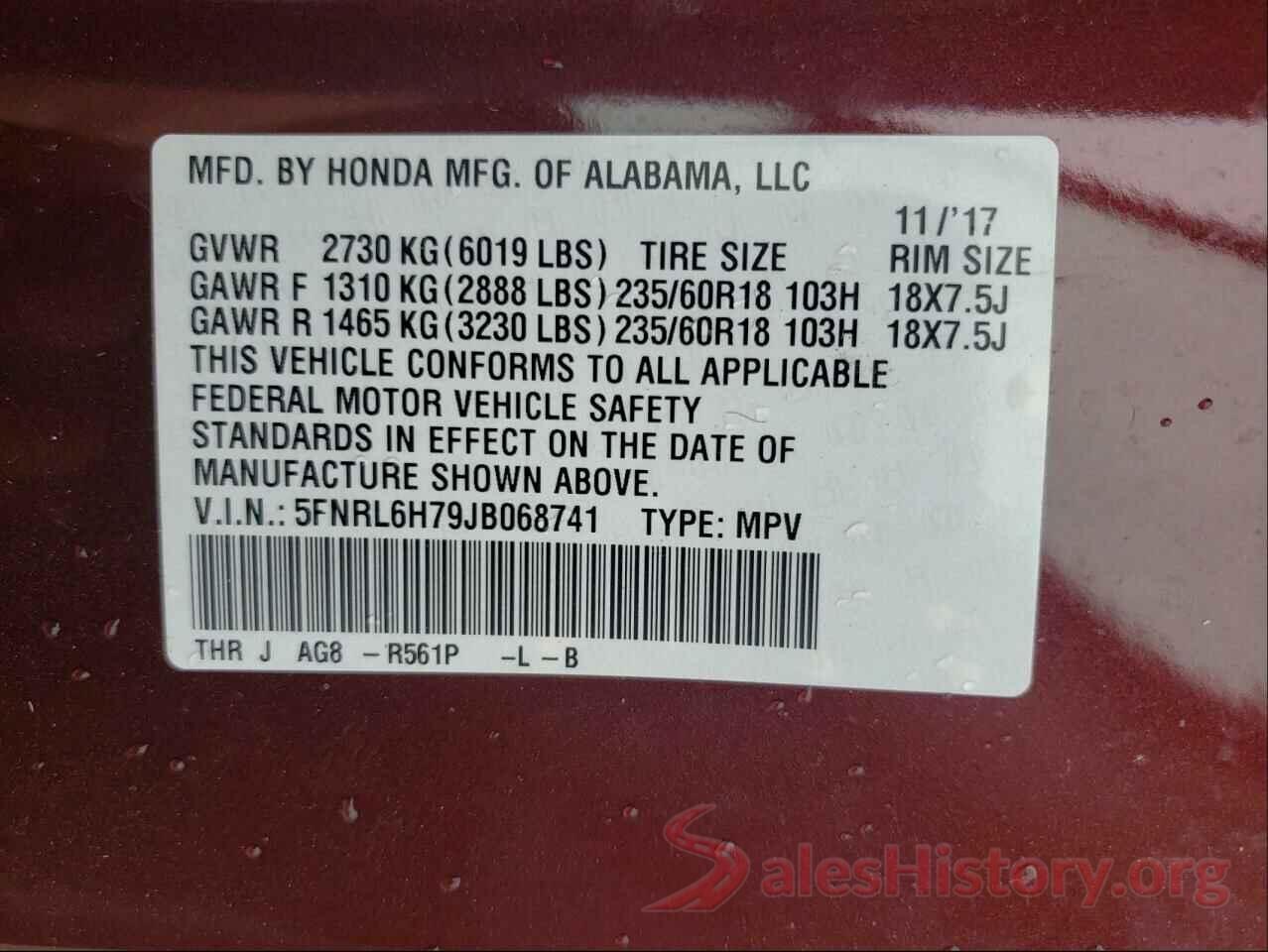 5FNRL6H79JB068741 2018 HONDA ODYSSEY