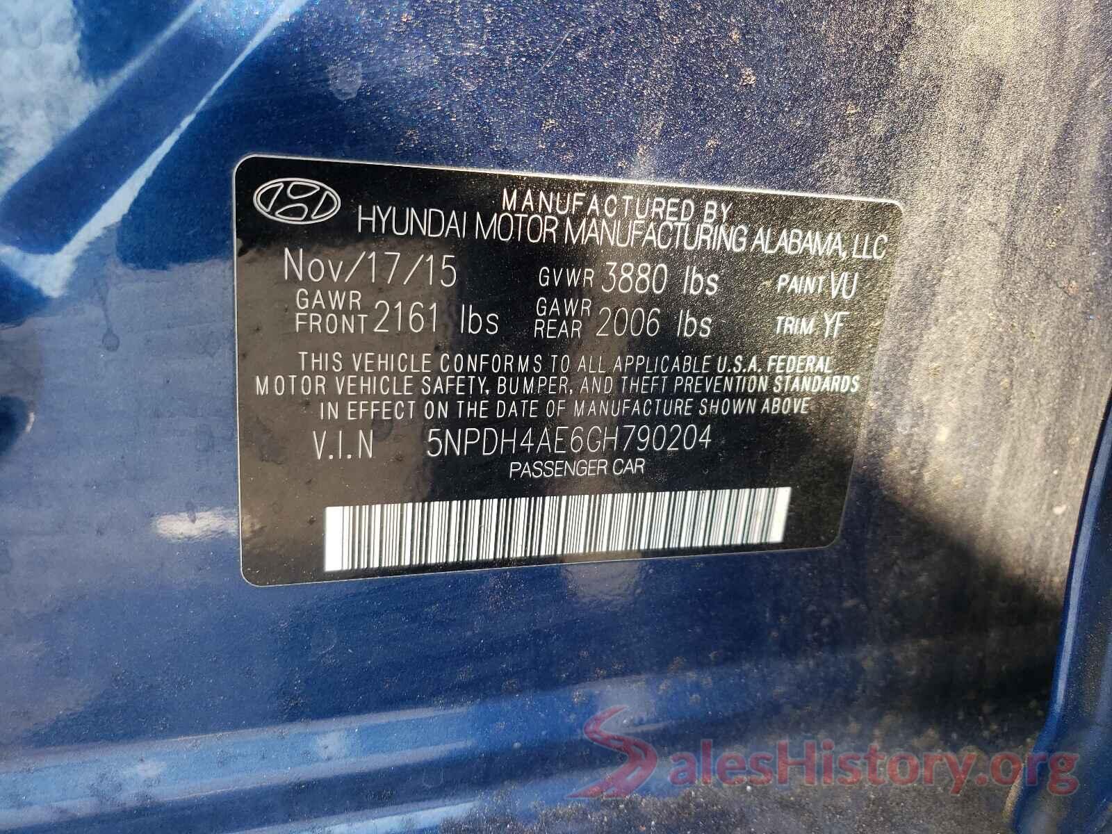 5NPDH4AE6GH790204 2016 HYUNDAI ELANTRA